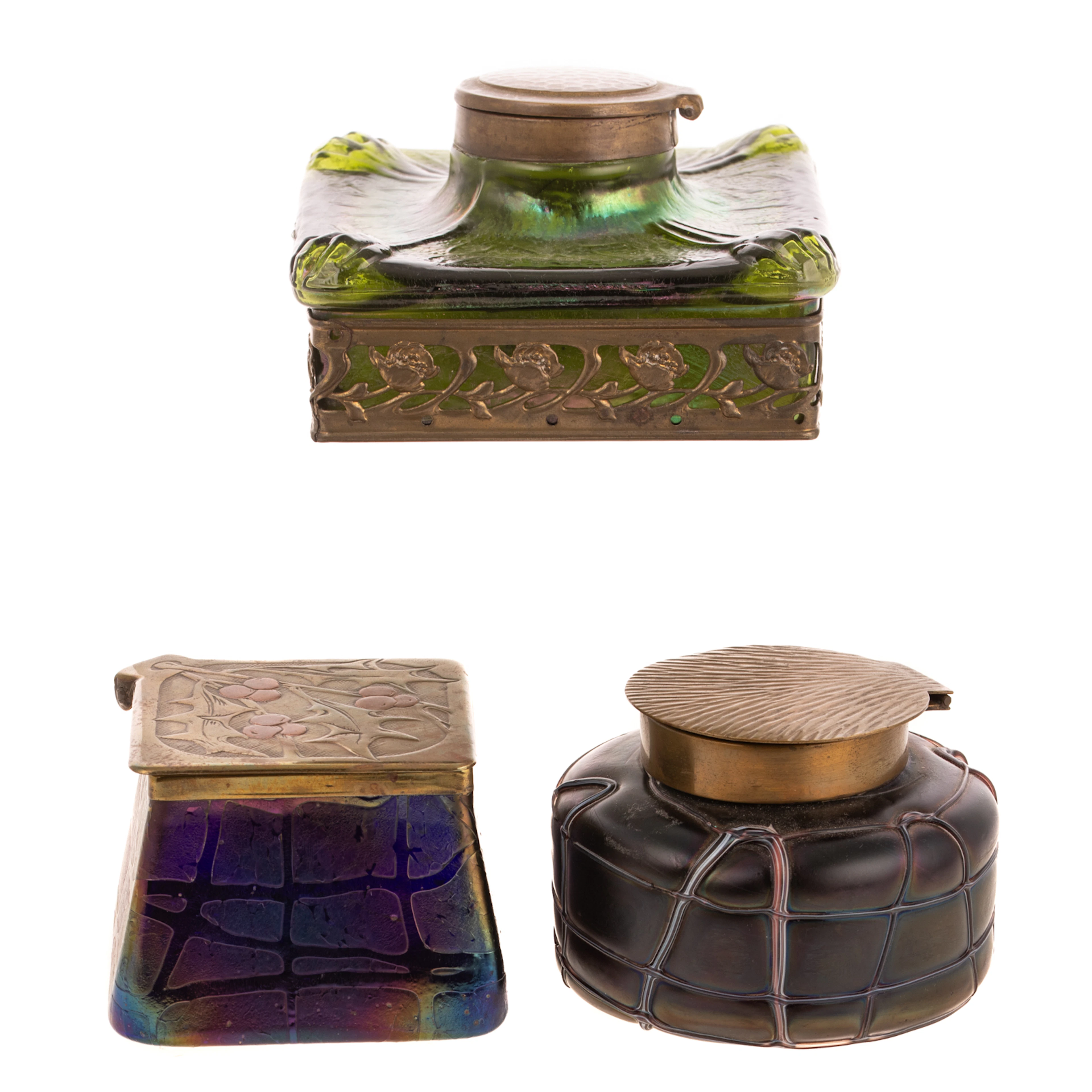 Three Art Nouveau Blown Iridescent Glass Inkwells