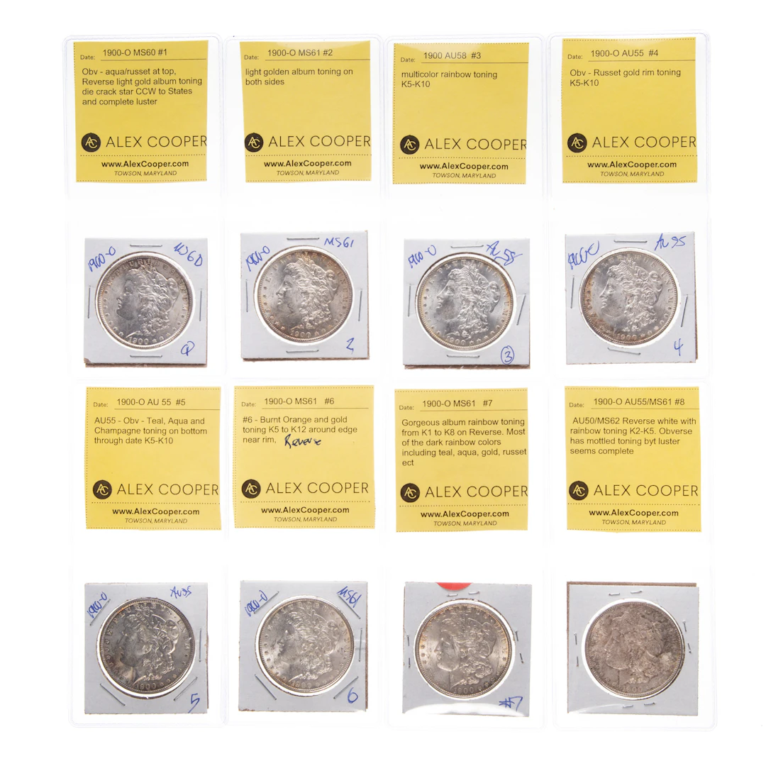 Eight 1900-O Morgan Dollars with Regular Toning