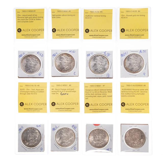 Eight 1900-O Morgan Dollars with Regular Toning