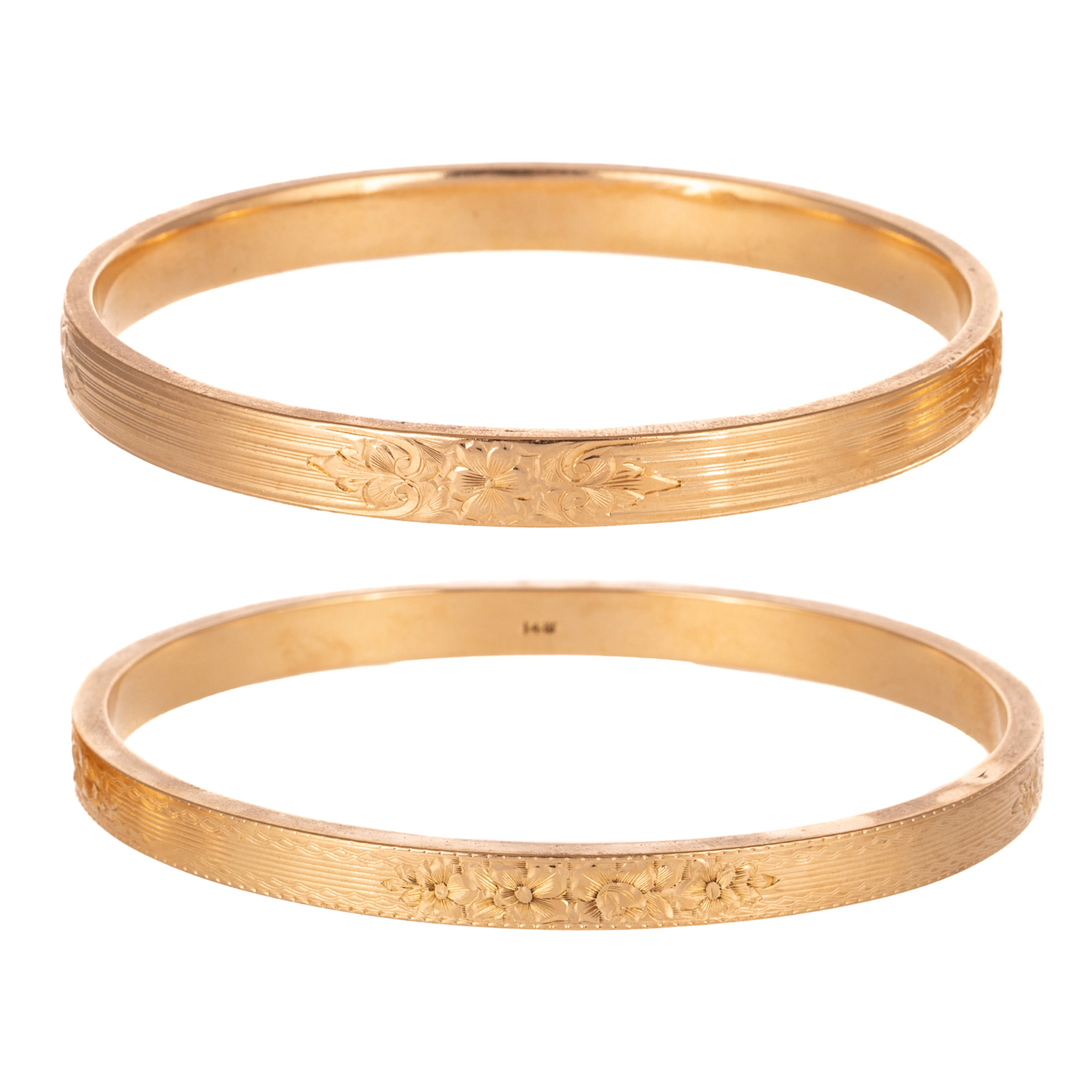Two Art Nouveau Floral Engraved Bangles in 14K