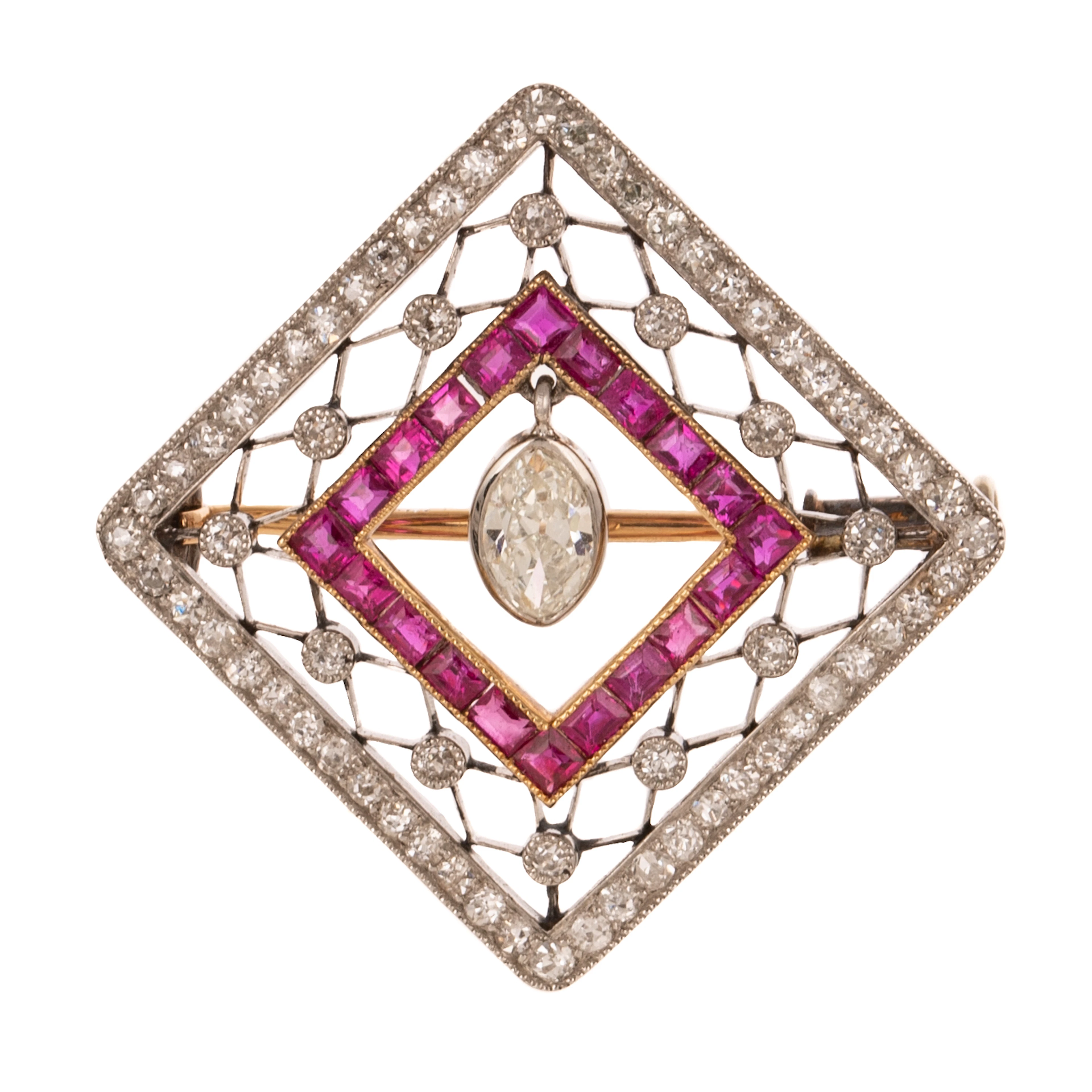 A Koch Art Deco Diamond & Ruby Pin/Pendant in Platinum
