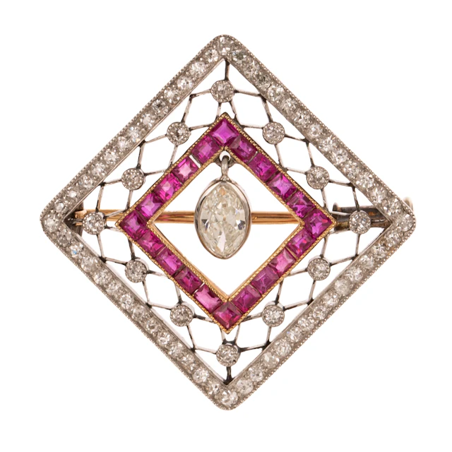 A Koch Art Deco Diamond & Ruby Pin/Pendant in Platinum