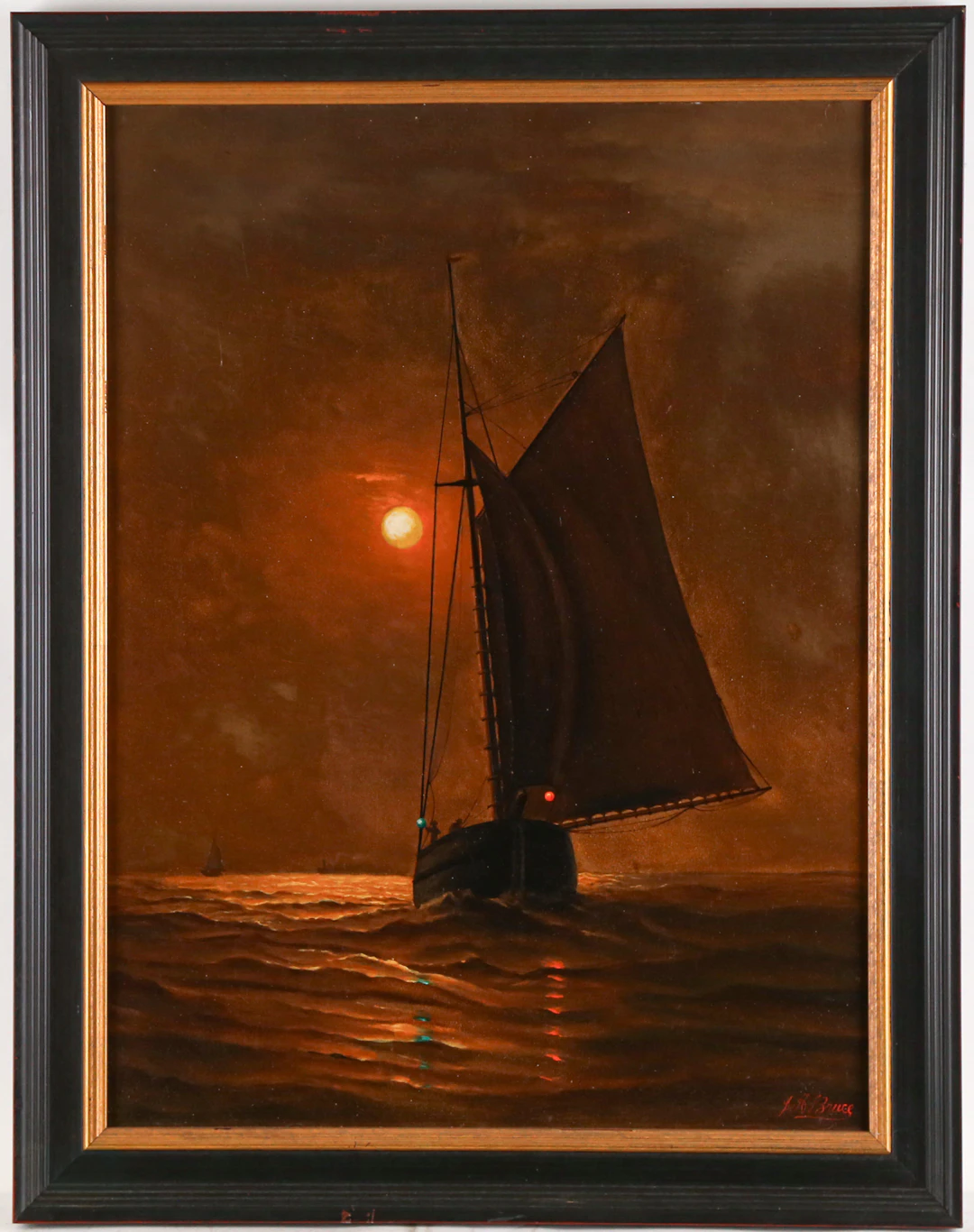 J.A. Bruce. Sailing Vessel at Sunset, oil