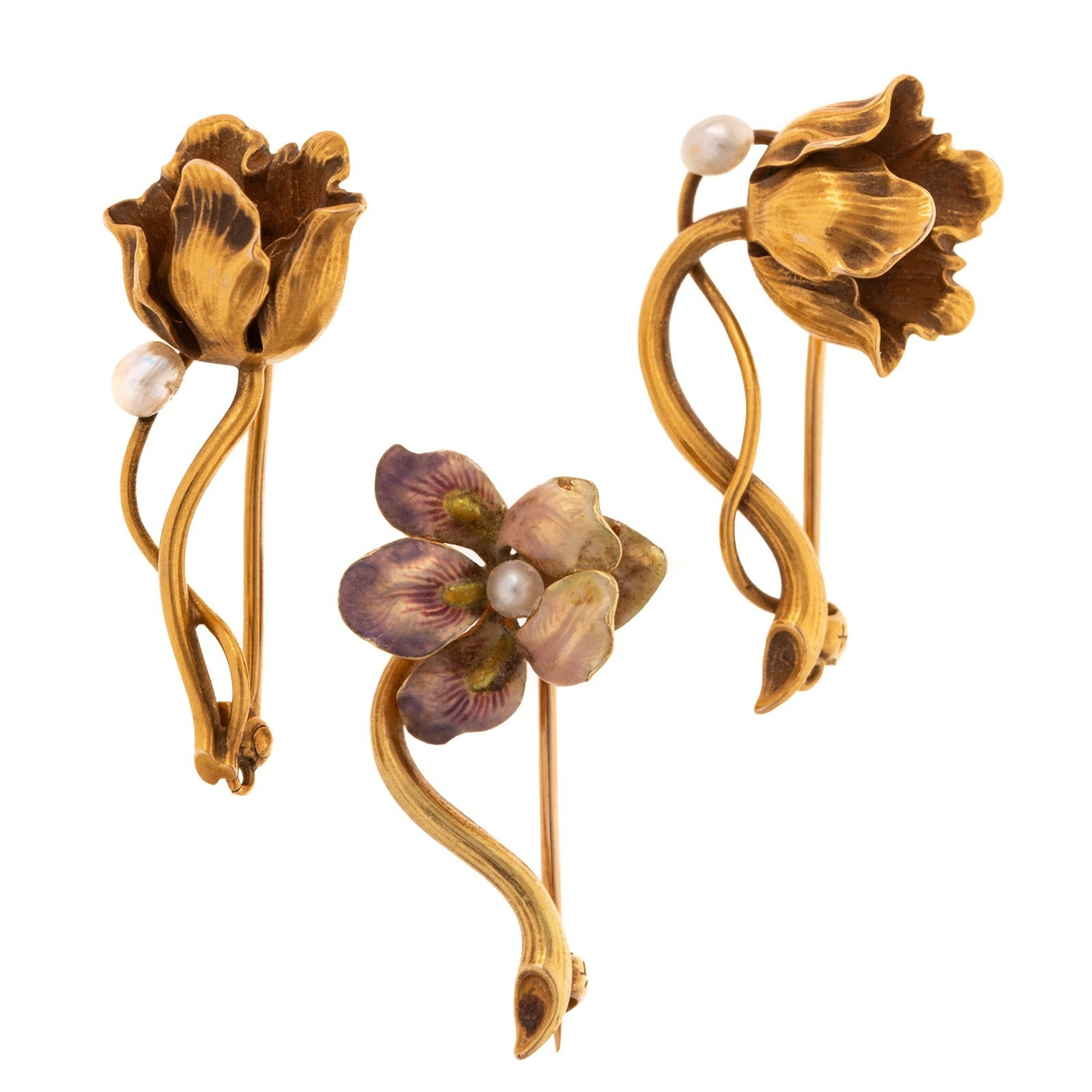 Three Henry Blank & Co Enamel Flower Pins in 14K