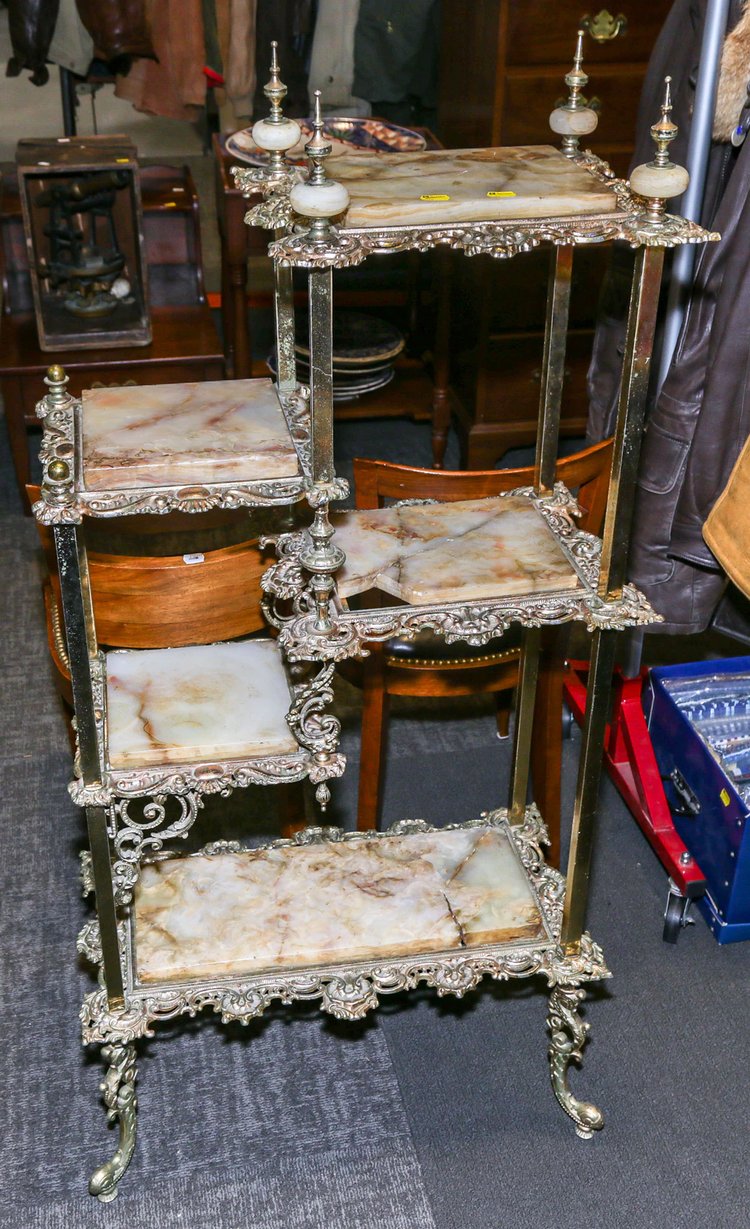 A Rococo Revival Patinated Metal & Onyx Etagere