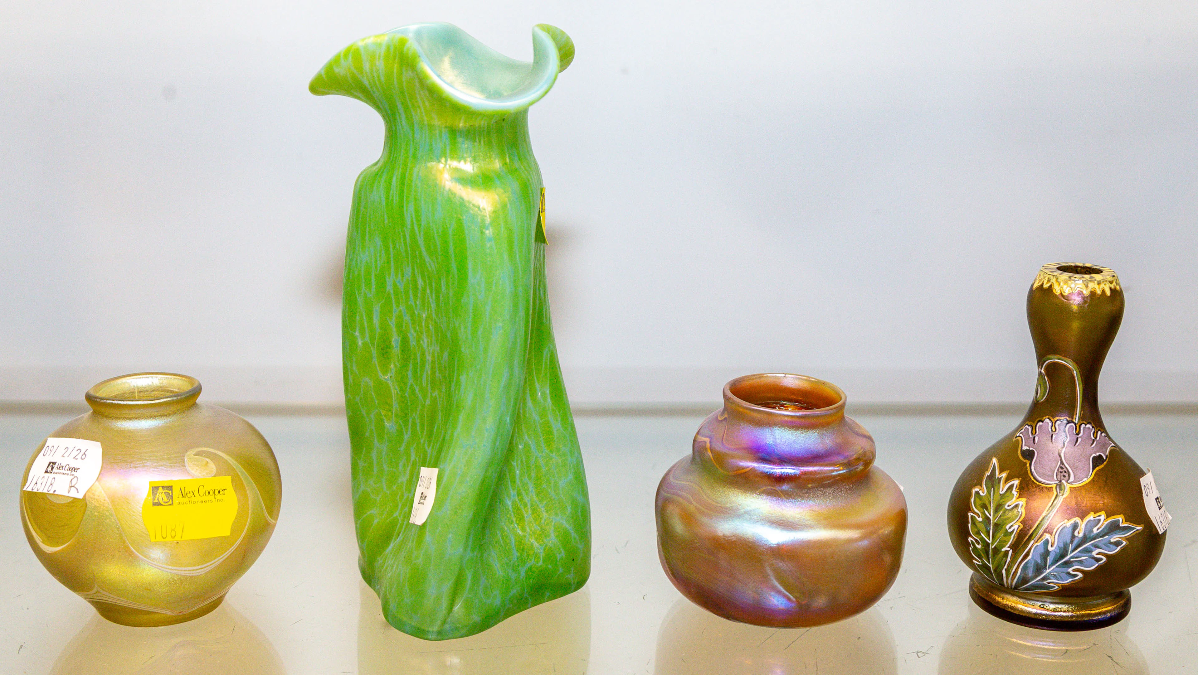 Four Art Nouveau Style Iridescent Art Glass Vases