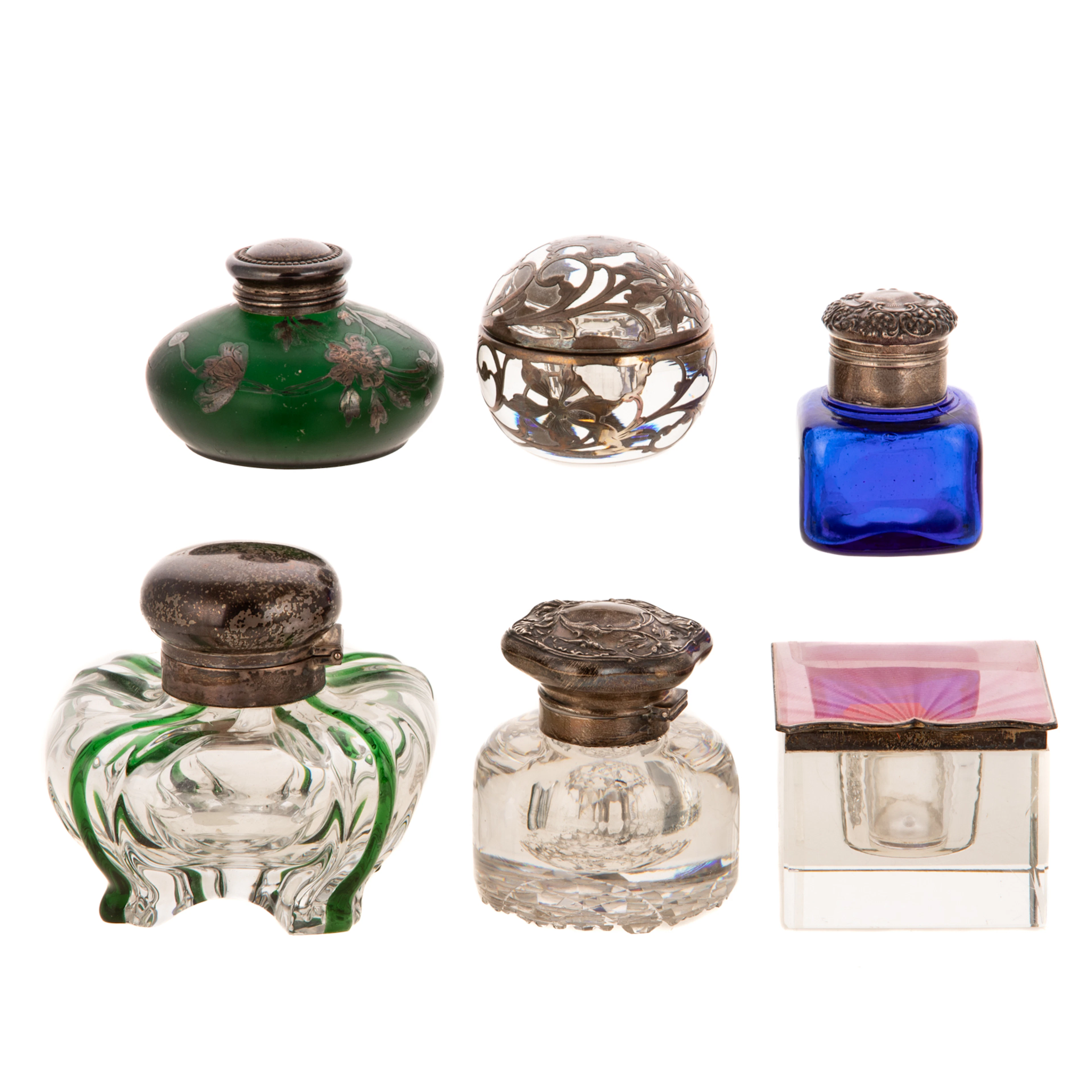Six Sterling & Glass Inkwells