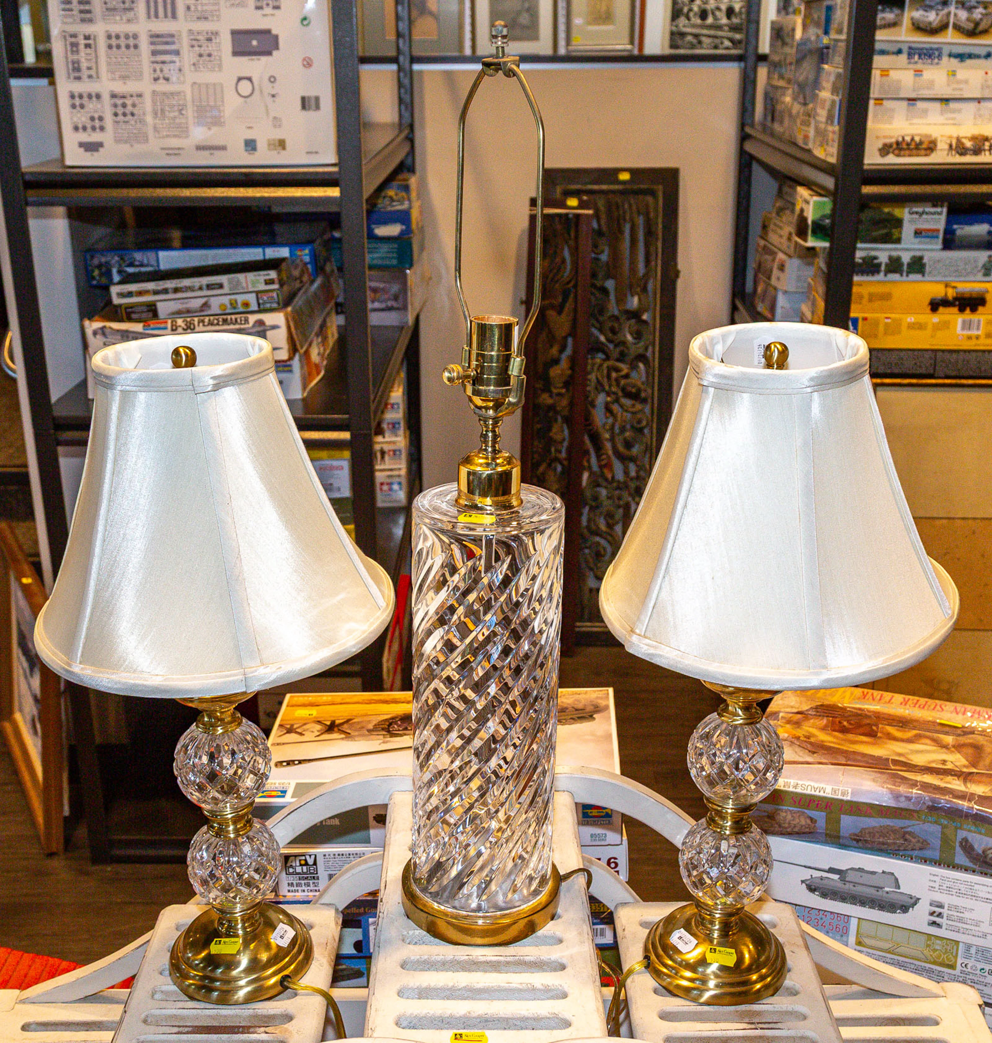 Three Waterford Brass & Crystal Table Lamps