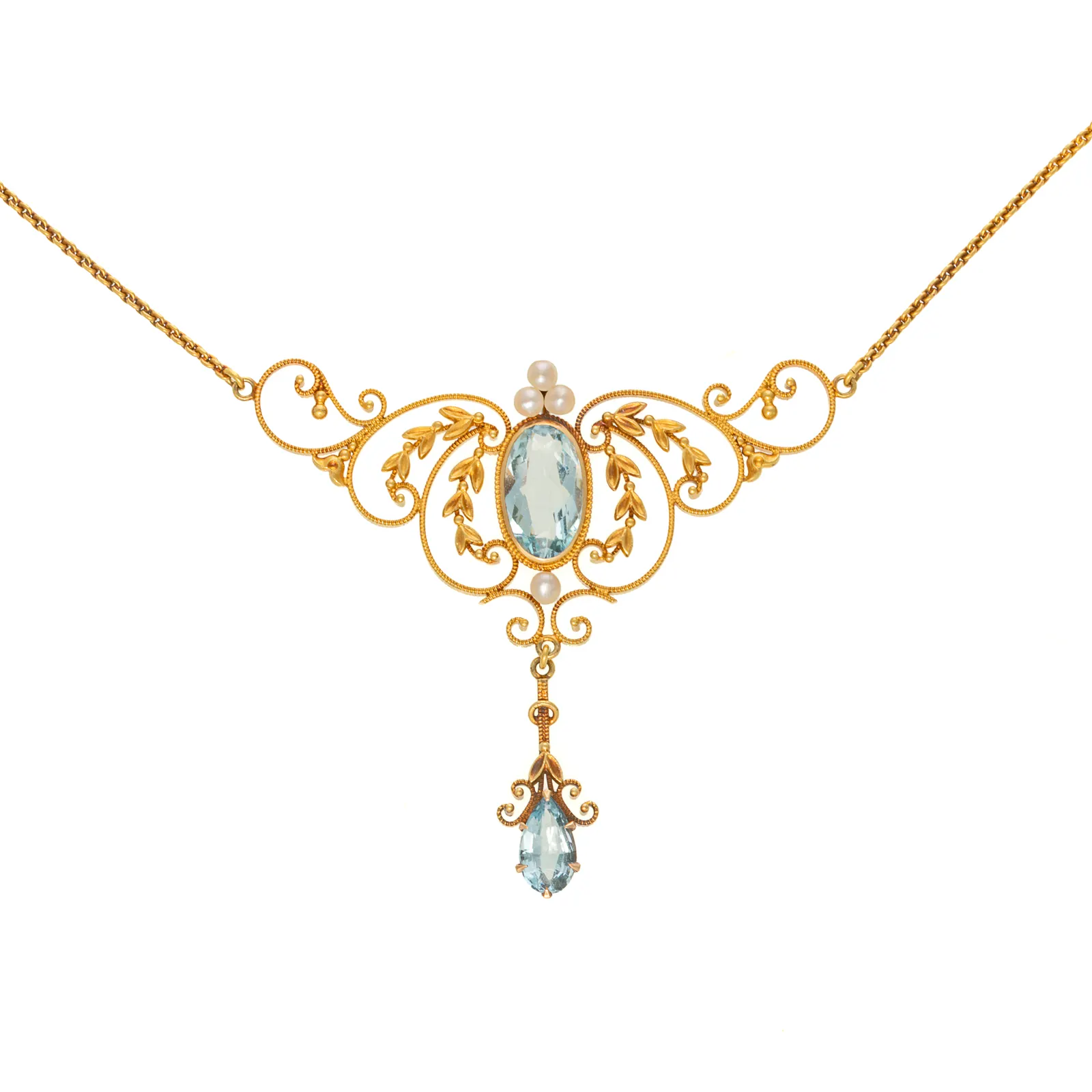 An Art Nouveau Aquamarine & Seed Pearl Drop Necklace in 14K