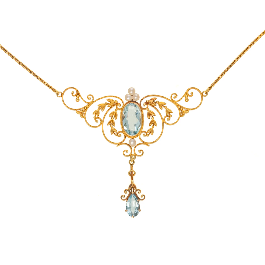 An Art Nouveau Aquamarine & Seed Pearl Drop Necklace in 14K