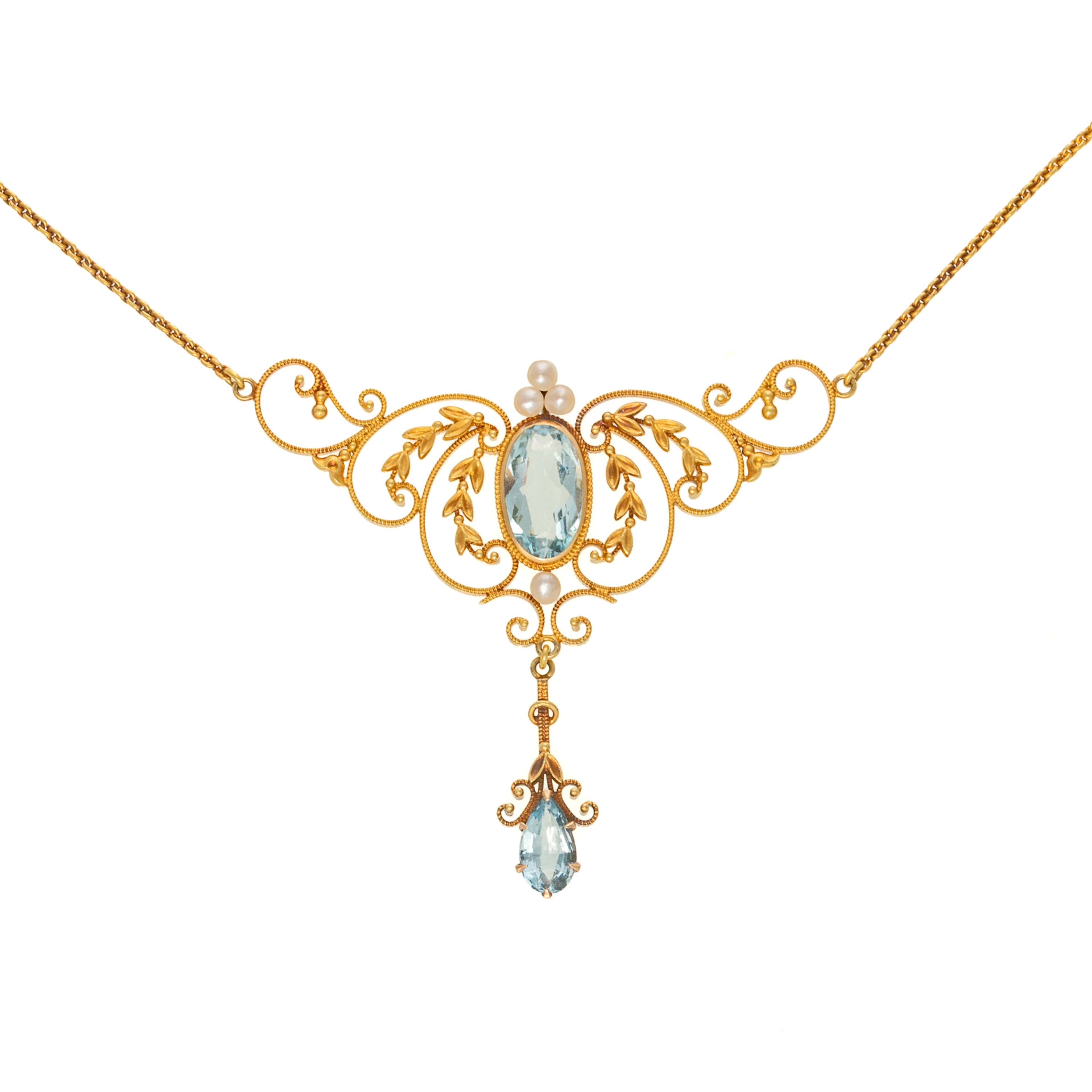 An Art Nouveau Aquamarine & Seed Pearl Drop Necklace in 14K
