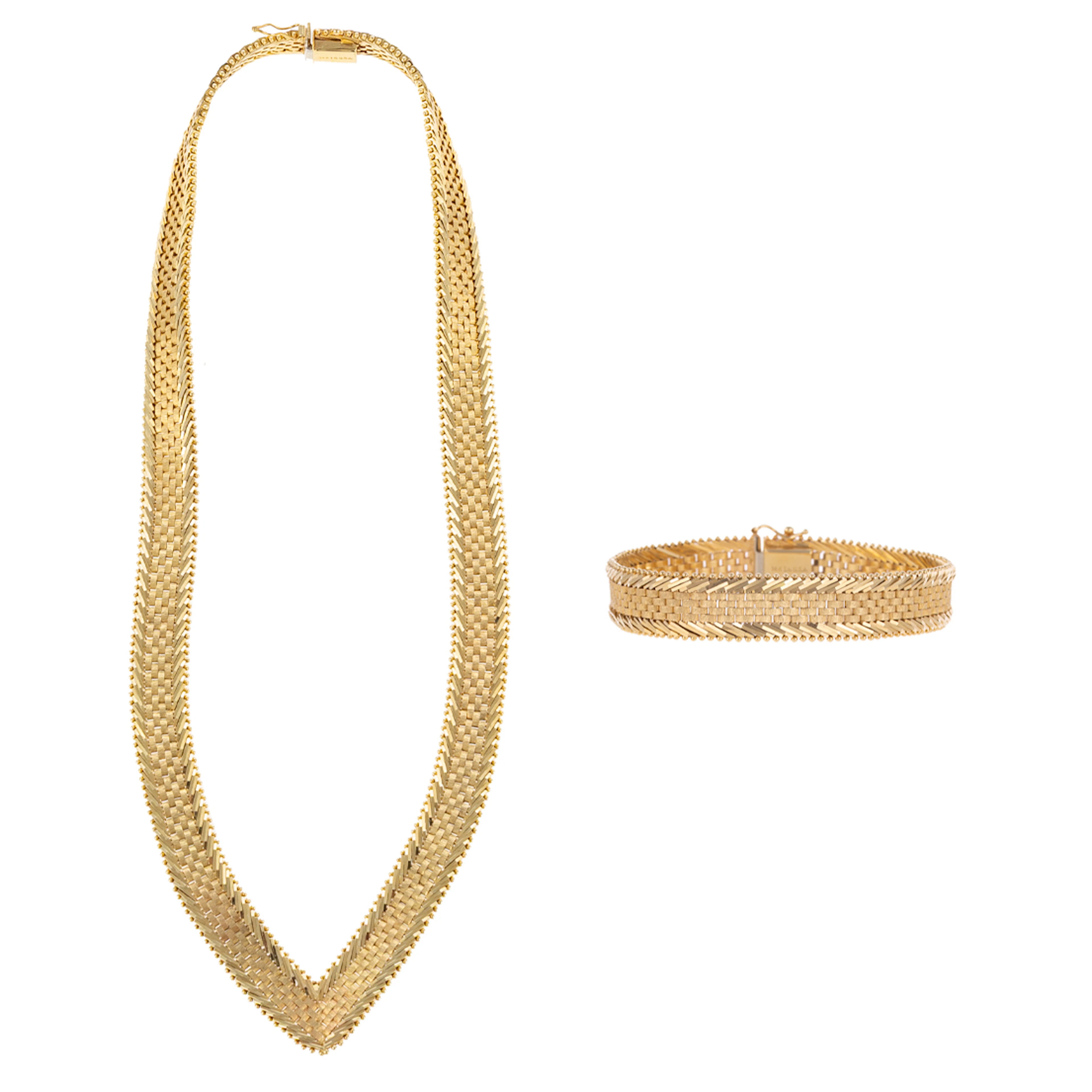 A Brick Link Necklace & Matching Bracelet in 14K
