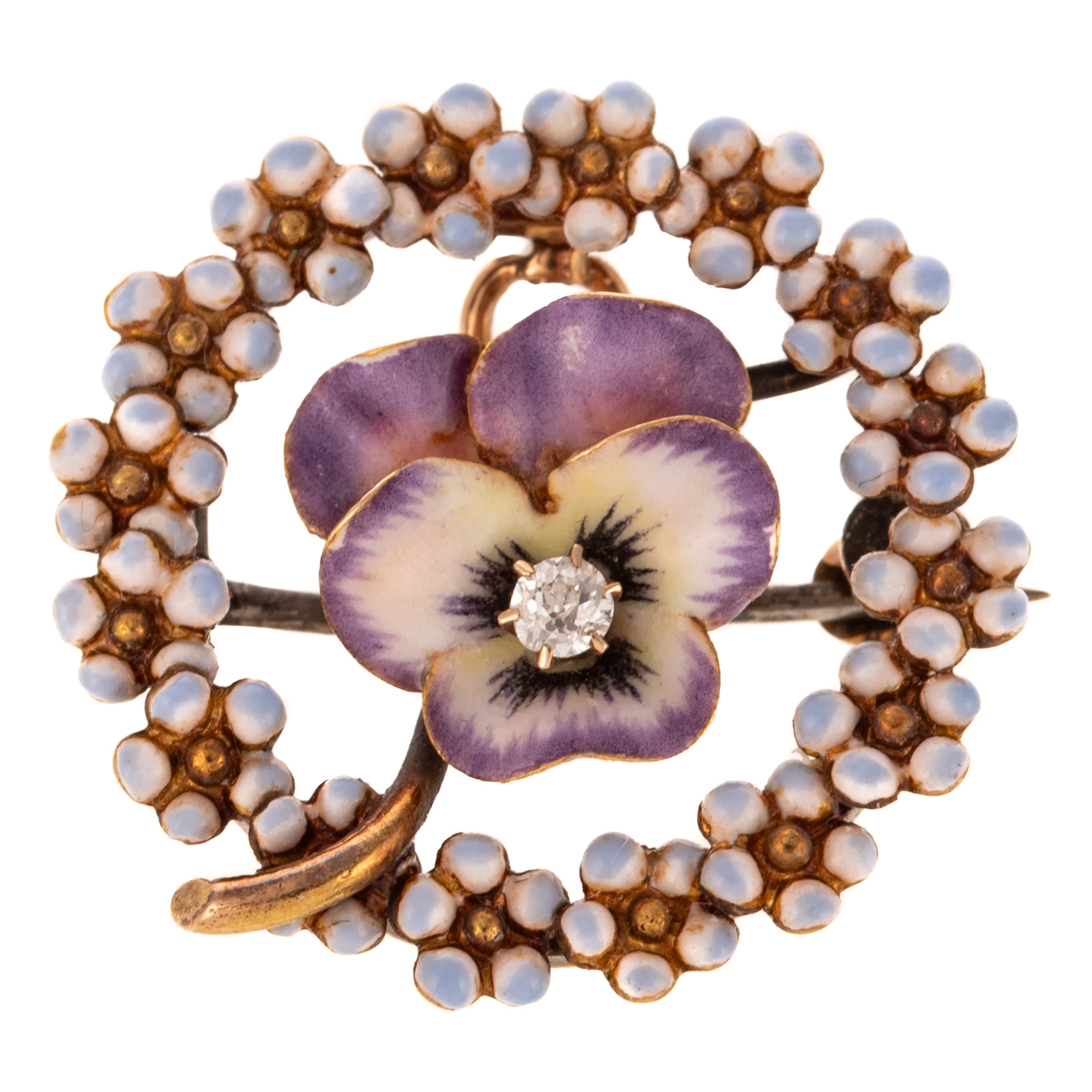 An Enamel Pansy & Diamond Pin/Pendant in 14K