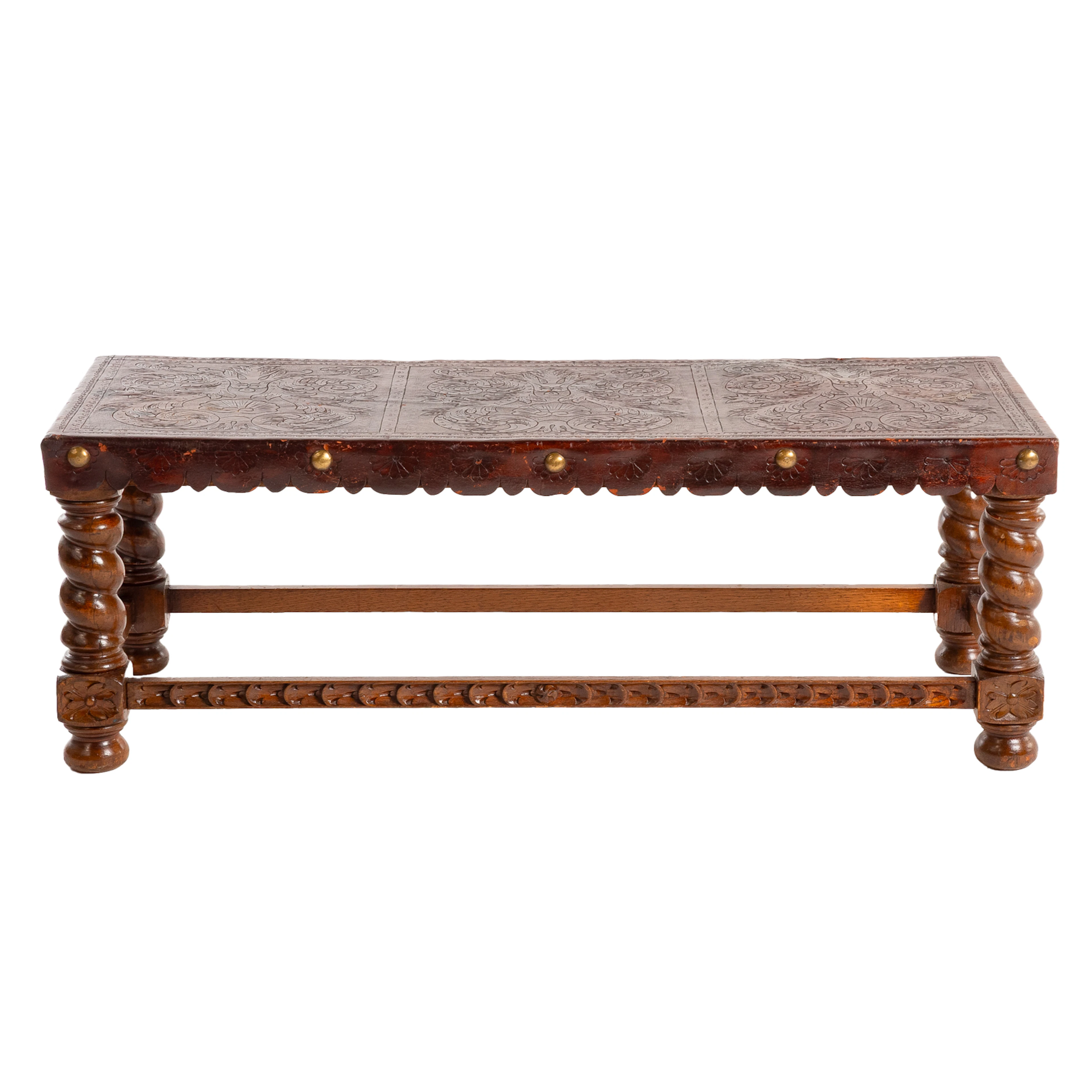 Spanish Colonial Style Carved Oak Bench