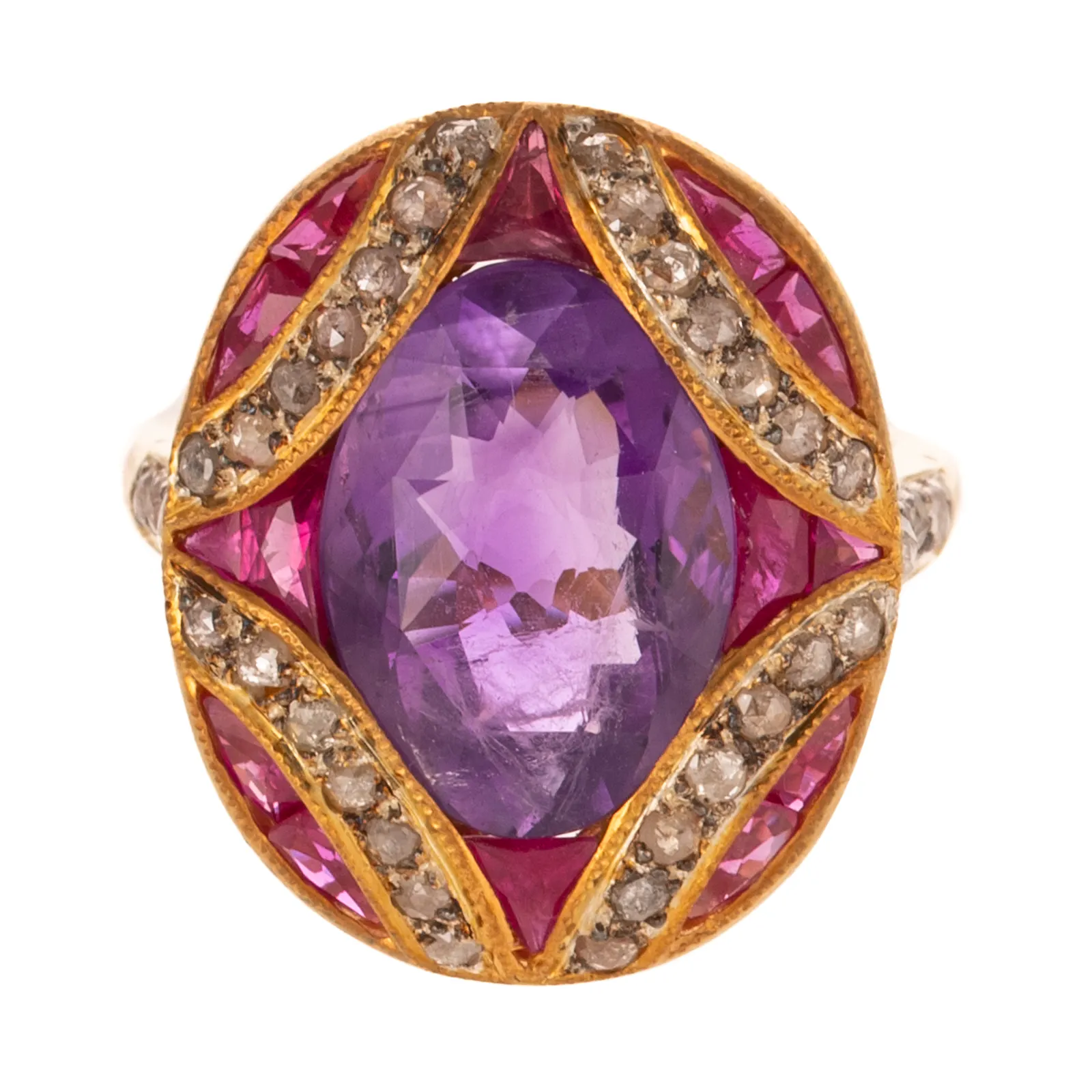 An Amethyst, Ruby & Diamond Ring in Vermeil