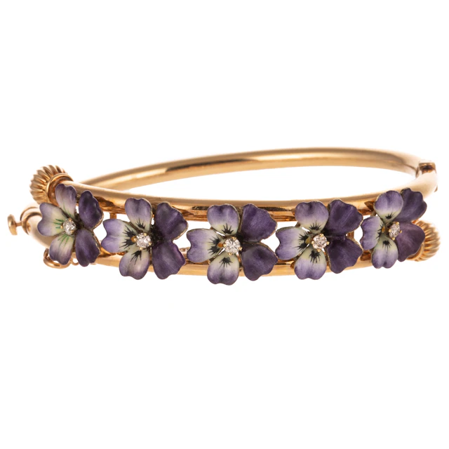 An Art Nouveau Pansy & Diamond Bangle in 14K