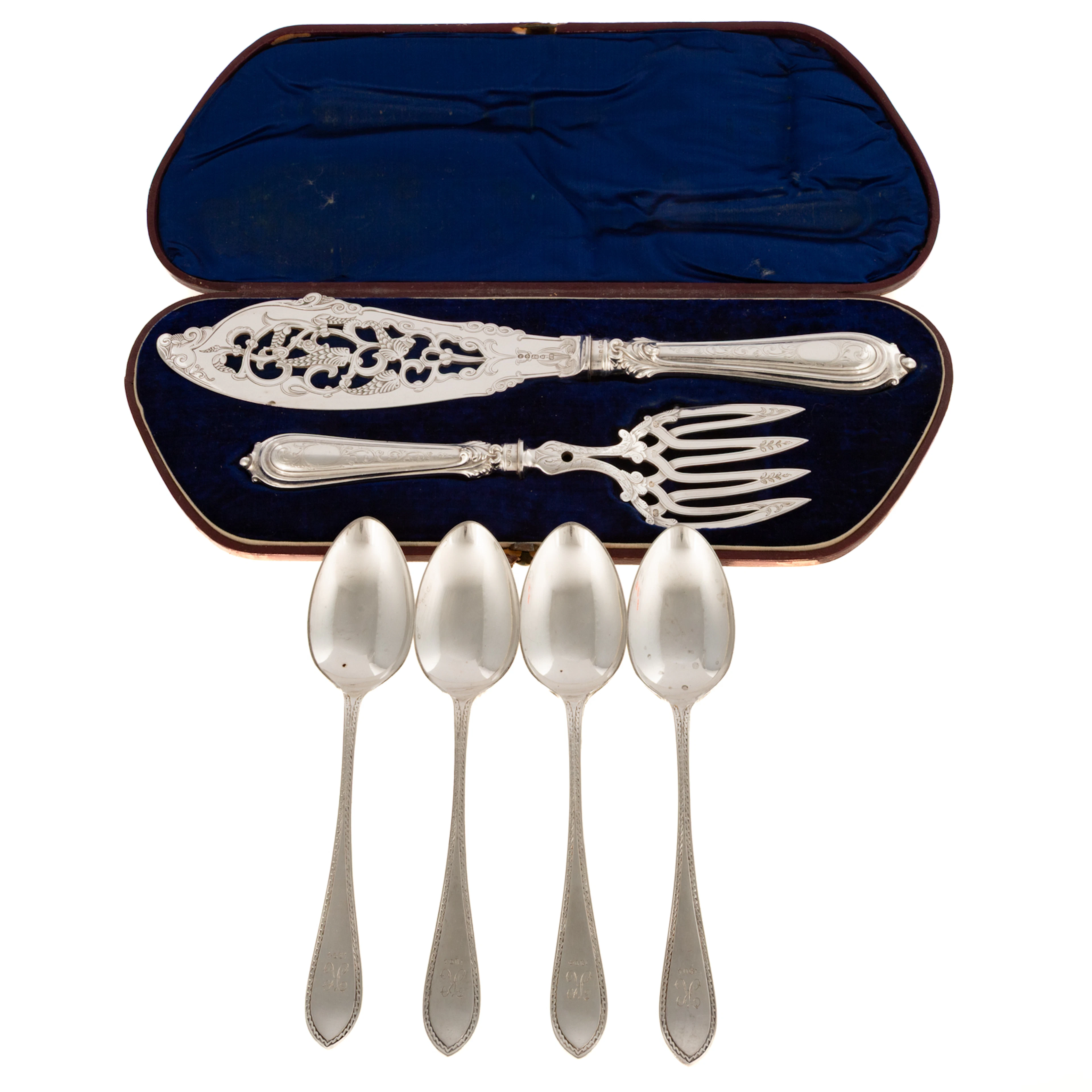 Victorian Silver Fish Set & Four Edward VII Spoons