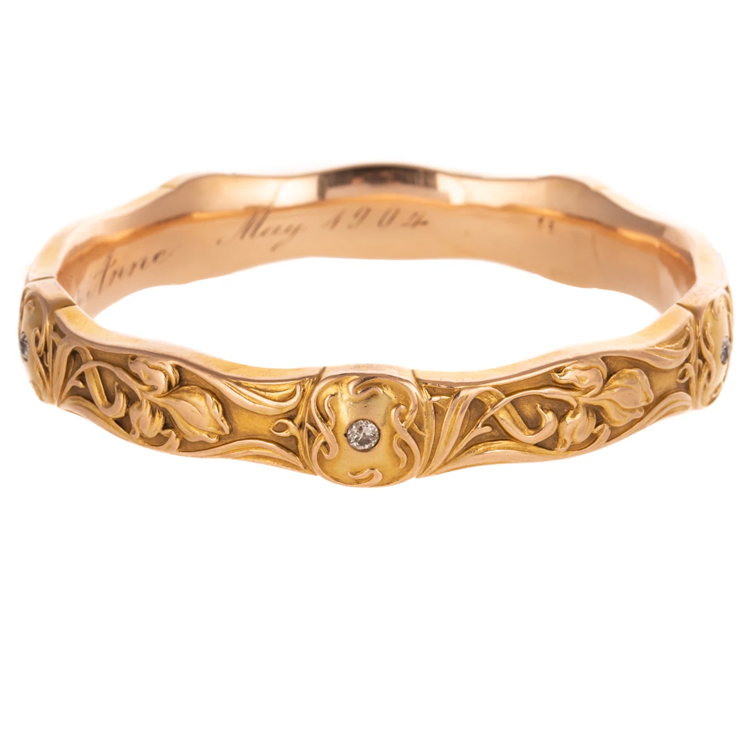 An Art Nouveau Riker Brothers Bangle in 14K