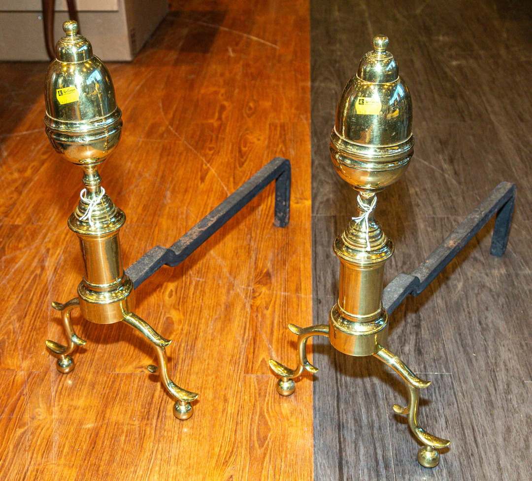 A Pair of Georgian Brass Acorn-Top Andirons