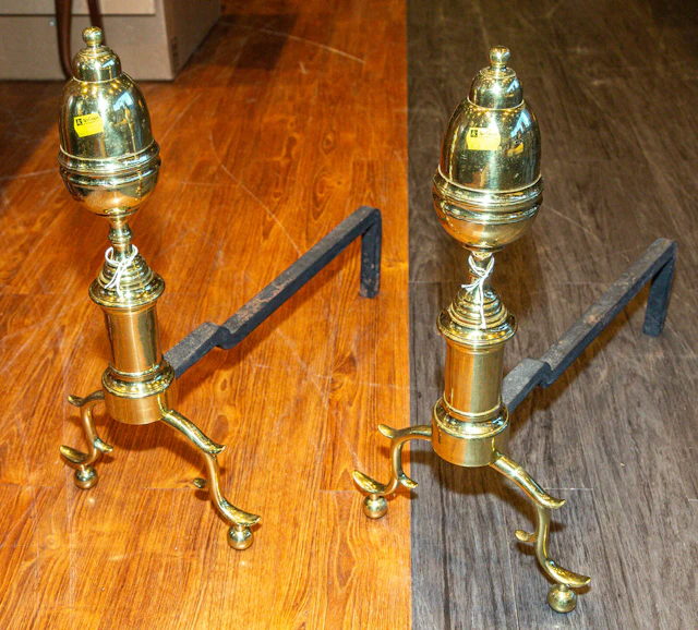 A Pair of Georgian Brass Acorn-Top Andirons