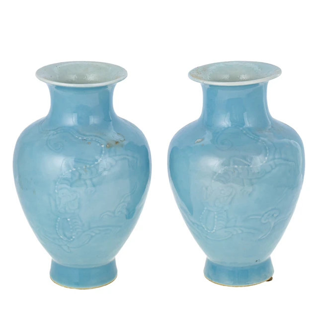 A Pair of Chinese Clair De Lune Dragon Vases