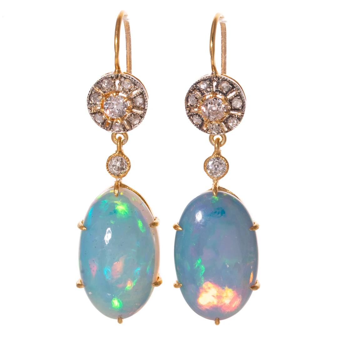 A Pair of Opal & Diamond Dangle Earrings