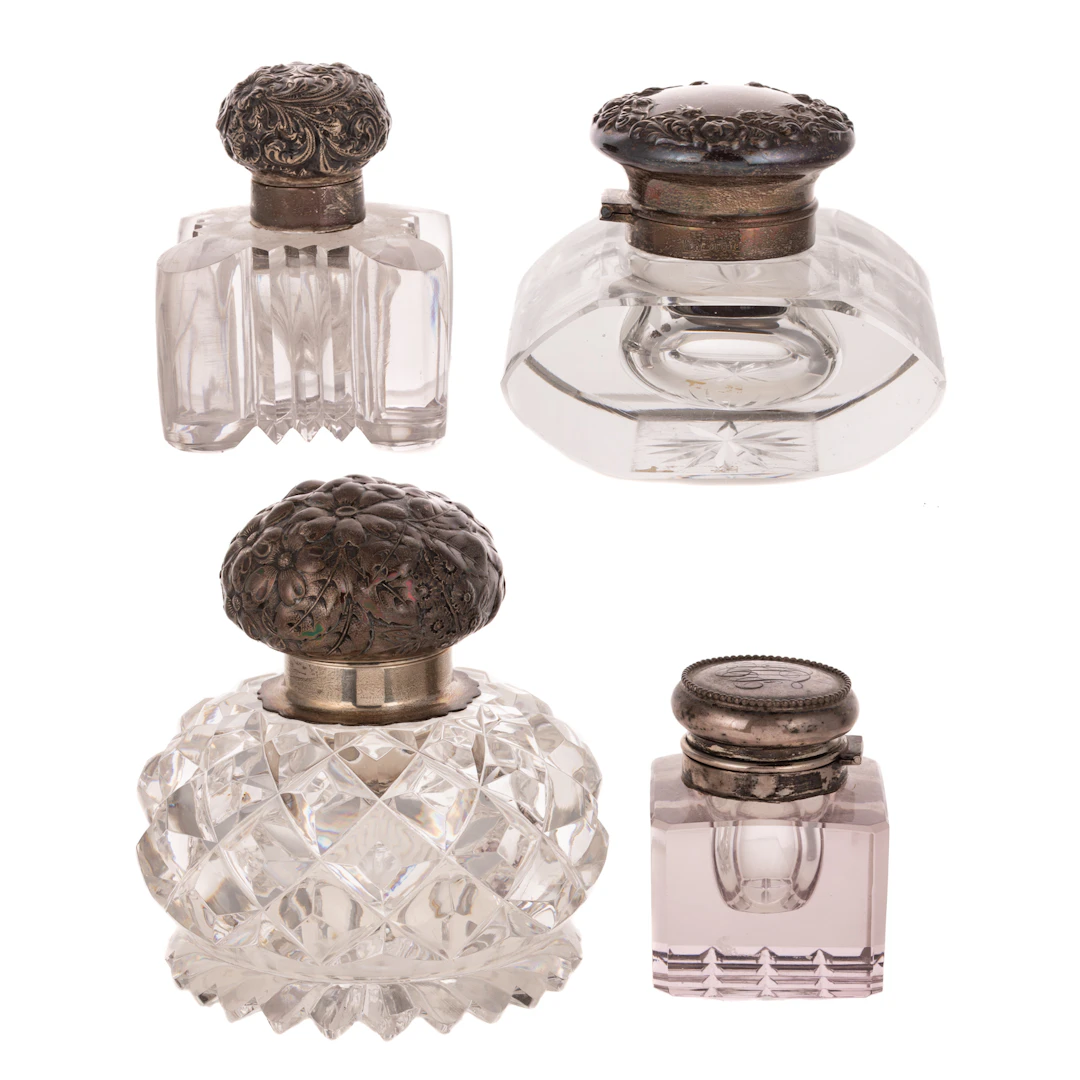Four Sterling & Crystal Inkwells