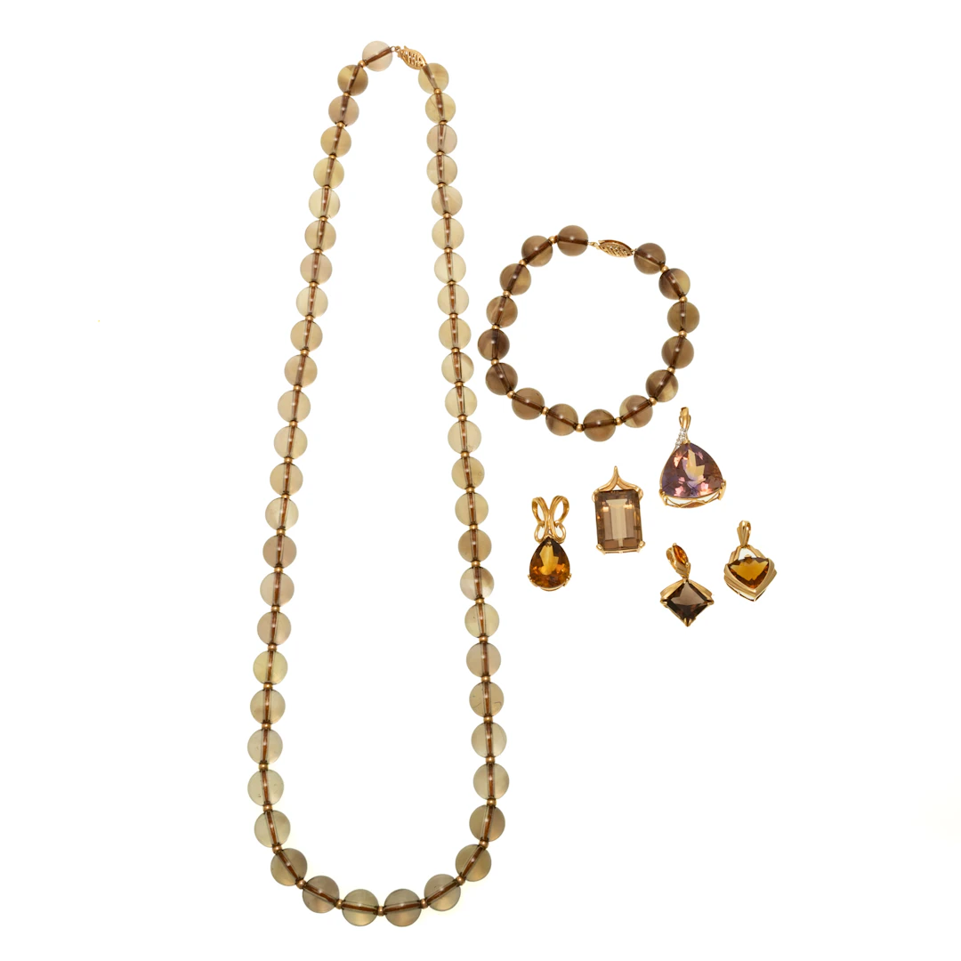 A Smoky Quartz Bead Set & Five Gemstone Pendants in 14K