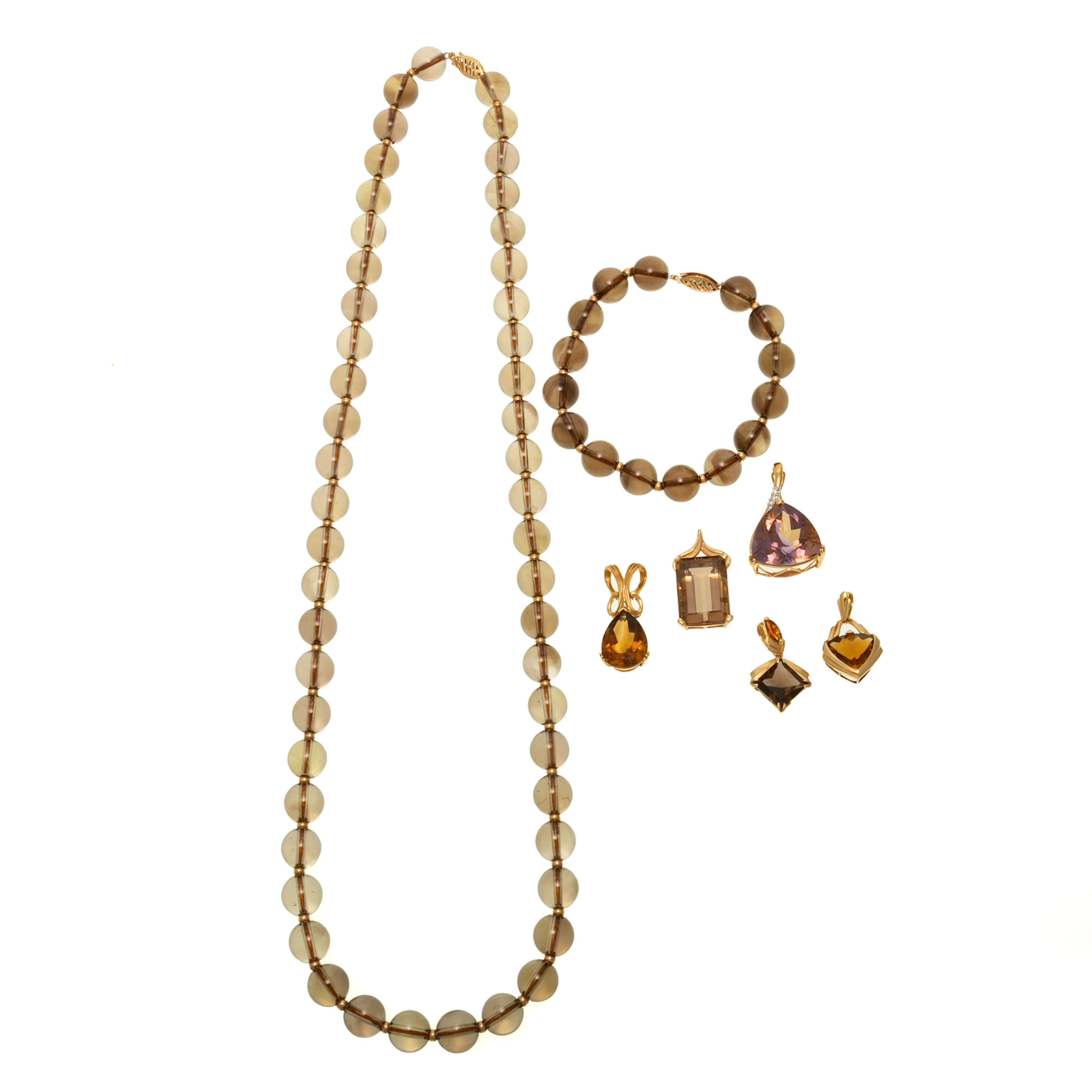 A Smoky Quartz Bead Set & Five Gemstone Pendants in 14K