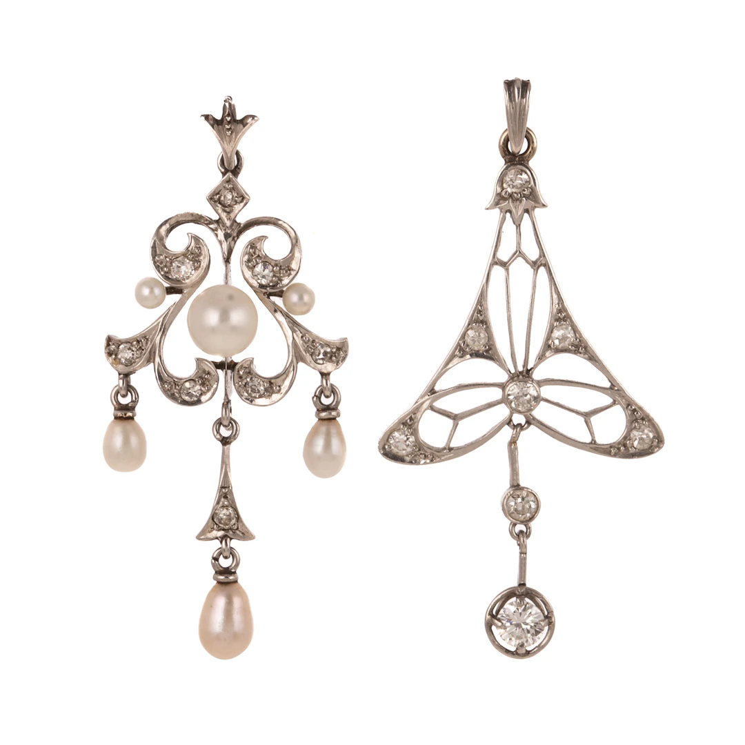 Two Late Art Nouveau Pendants in Platinum & 14K