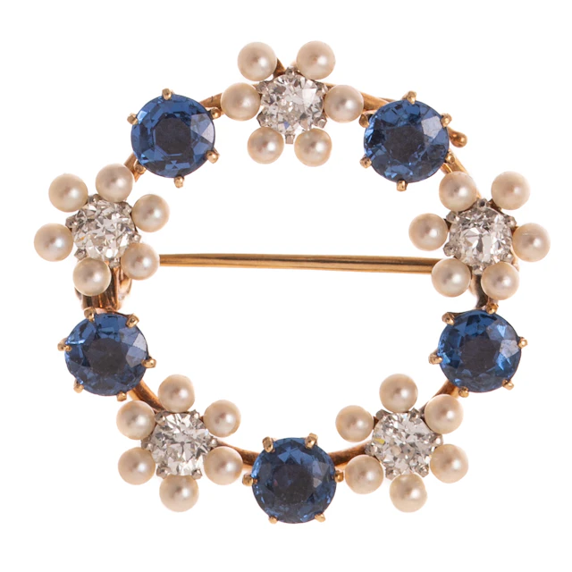 A Sapphire, Diamond & Pearl Brooch in 14K