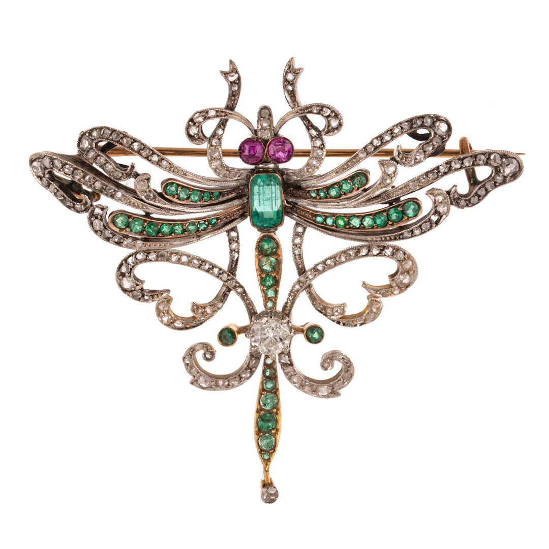A Late Victorian Diamond, Emerald & Ruby Dragonfly in 18K