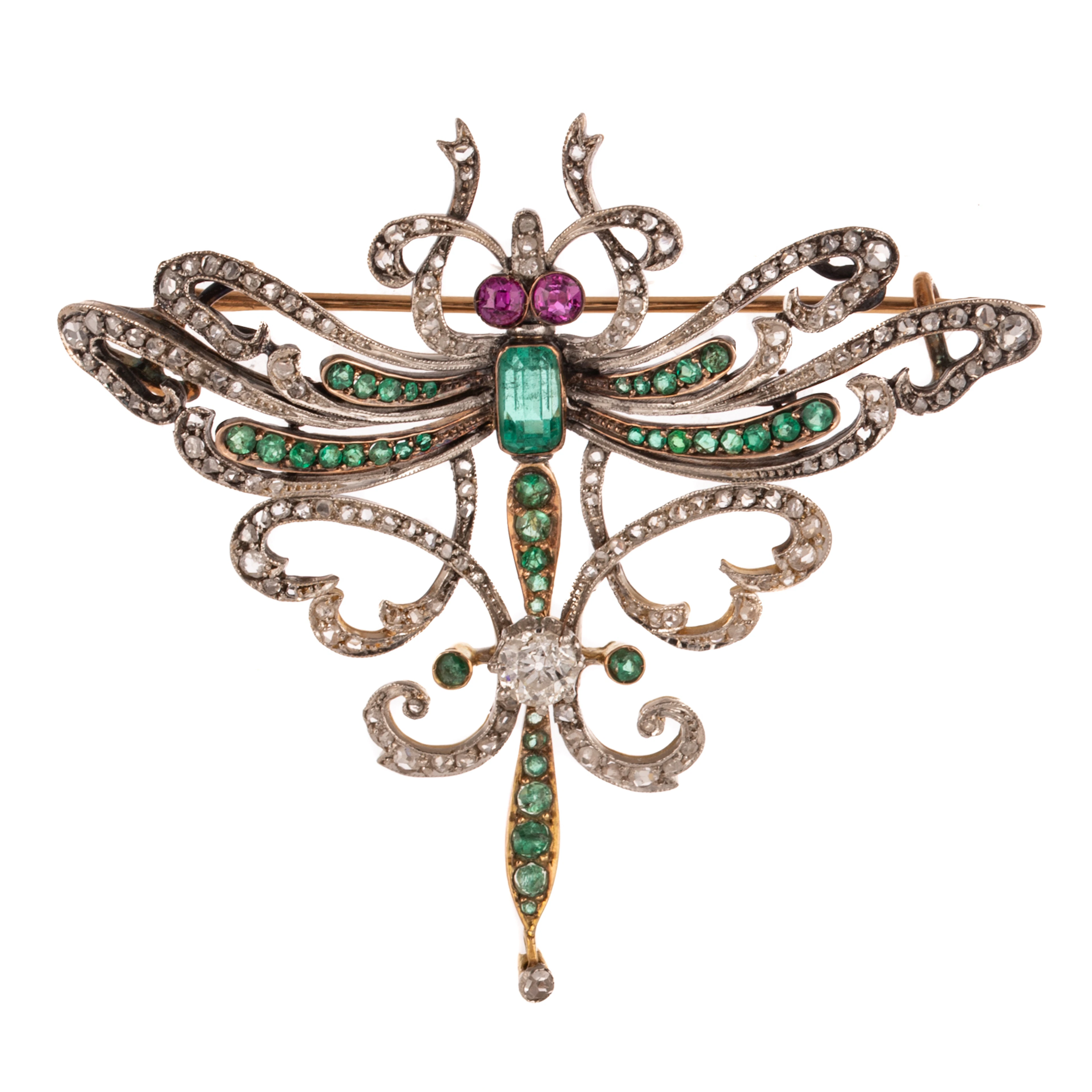 A Late Victorian Diamond, Emerald & Ruby Dragonfly in 18K