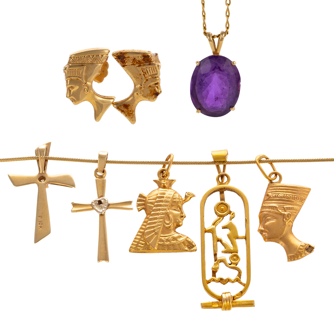 A Group of Egyptian Themed Jewelry & Necklaces in Gold