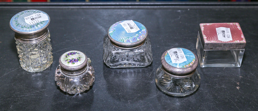 Five Guilloche Enamel on Silver Dresser Articles