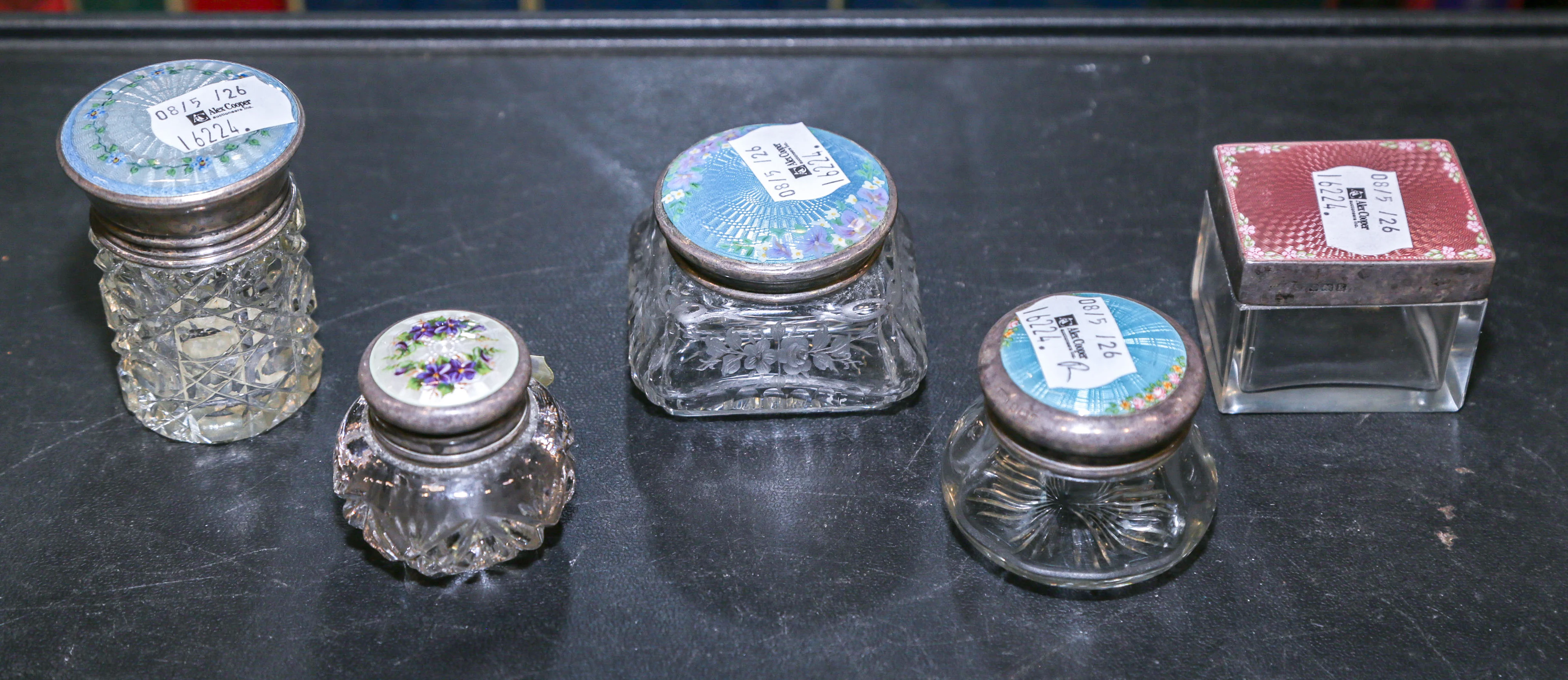 Five Guilloche Enamel on Silver Dresser Articles