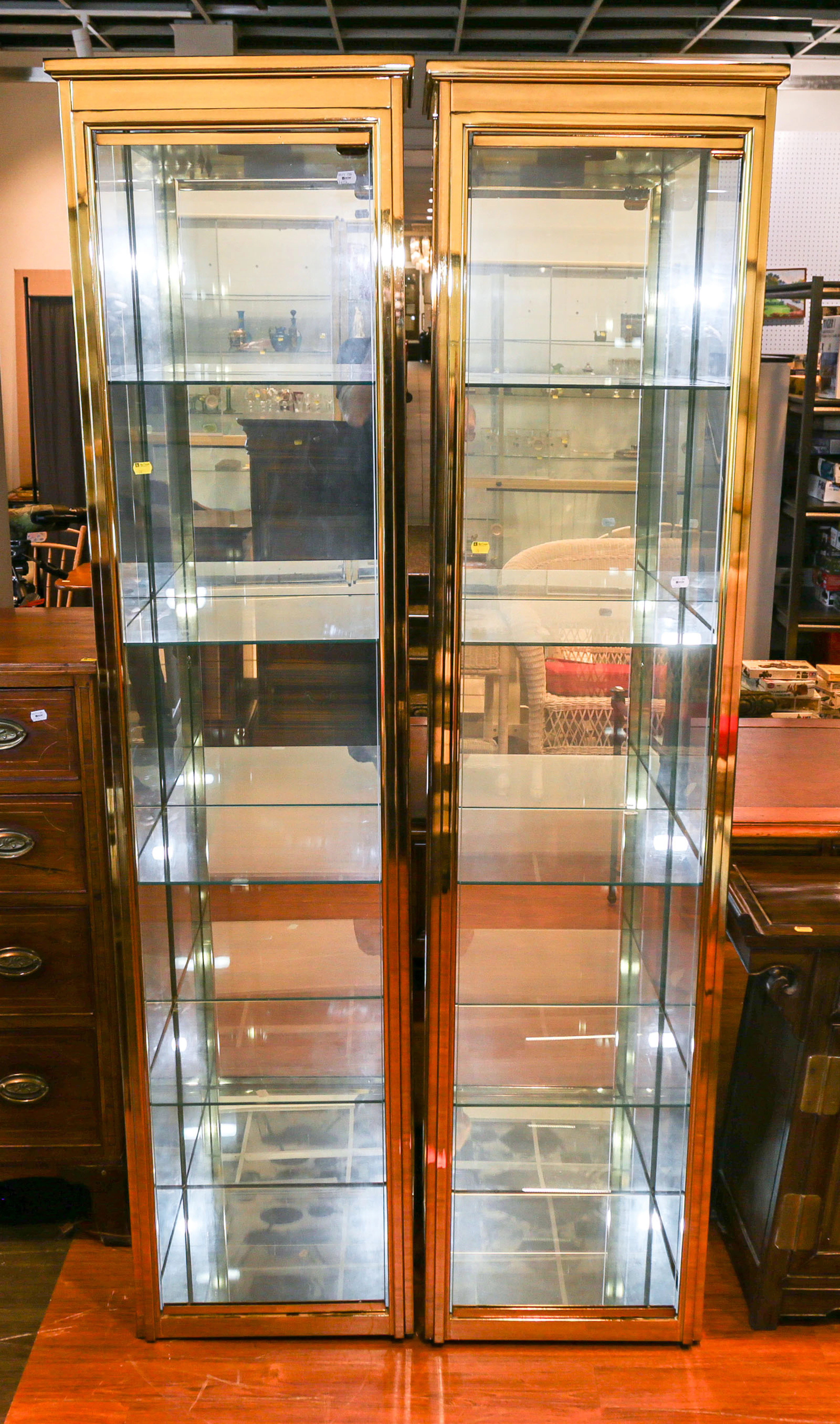 A Pair of Contemporary Style Brass Curio Cabinets