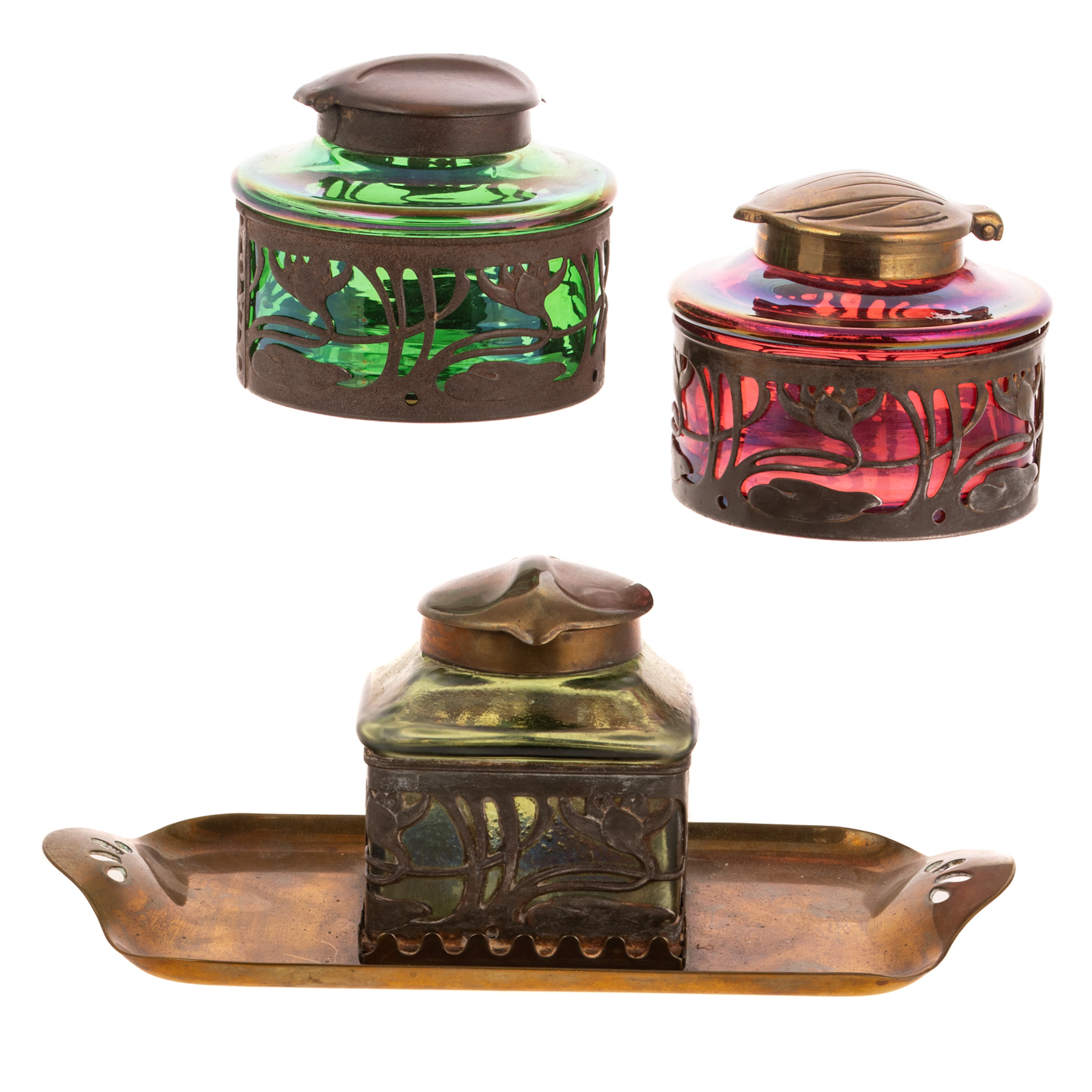 Three Art Nouveau Iridescent Glass Inkwells