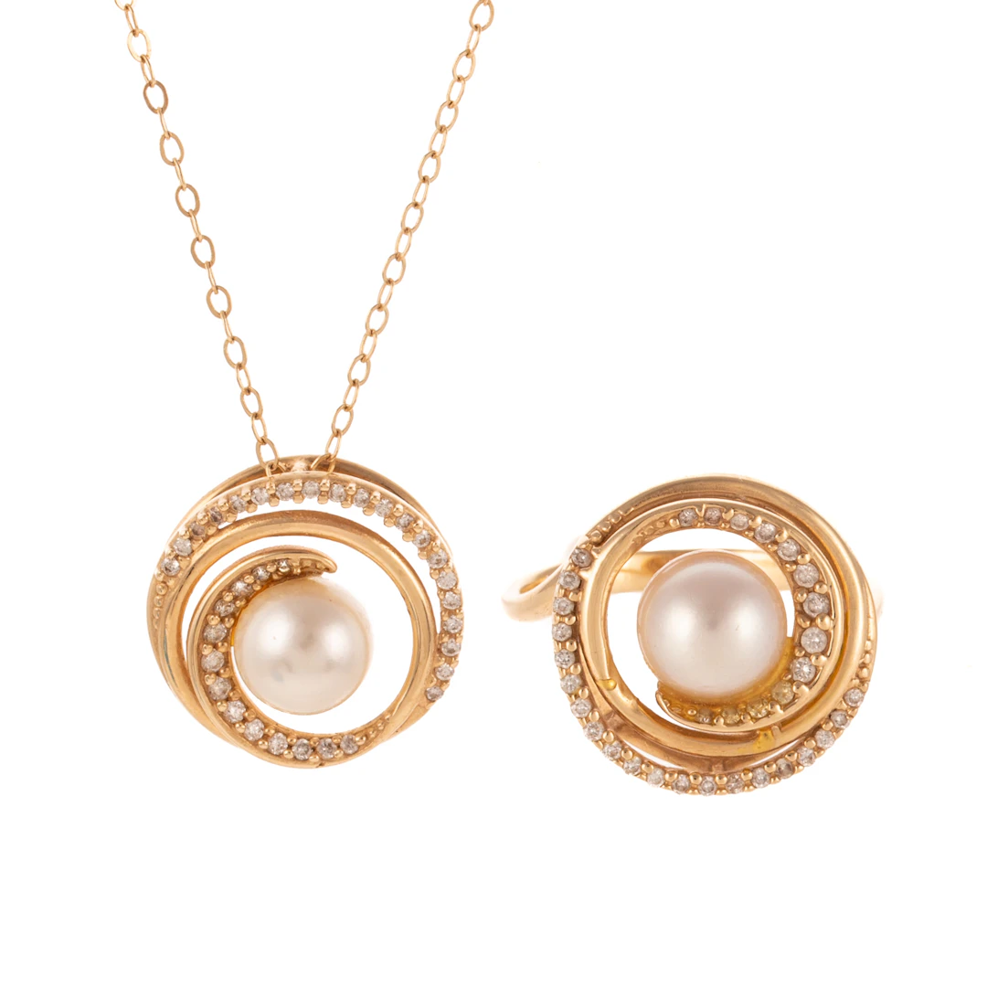A Pearl & Diamond Ring & Pendant Set in 14K