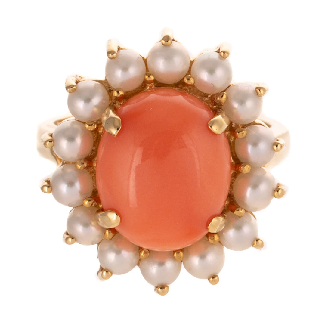 A Vintage Coral and Pearl Ring in 14K