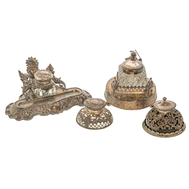 Two Sterling & Two Silver Plated Inkwells