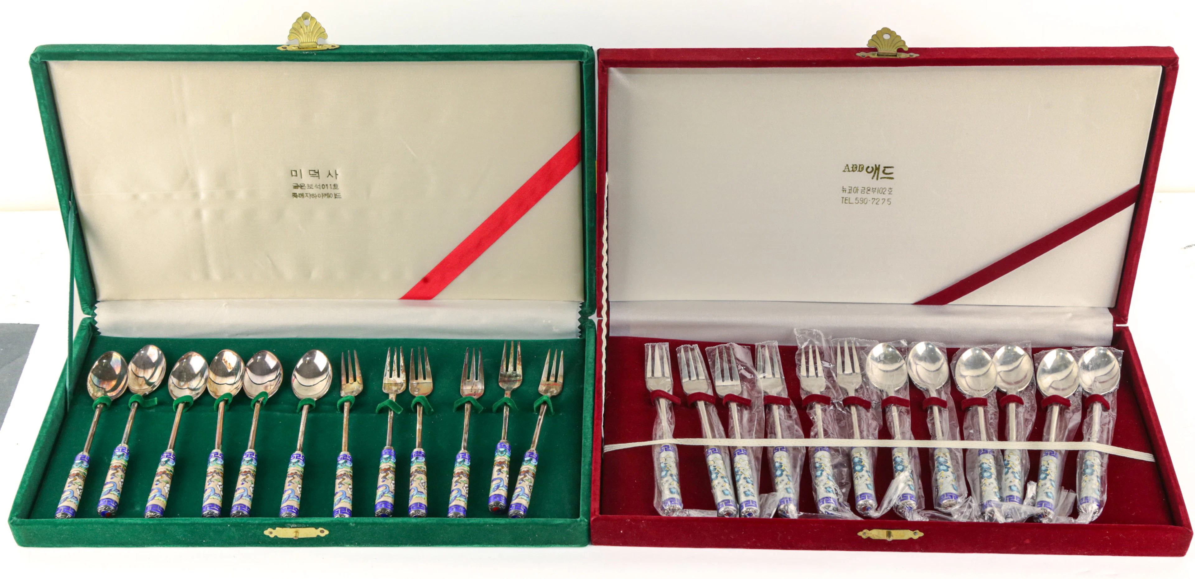 Two Korean Silver & Cloisonne Dessert Sets