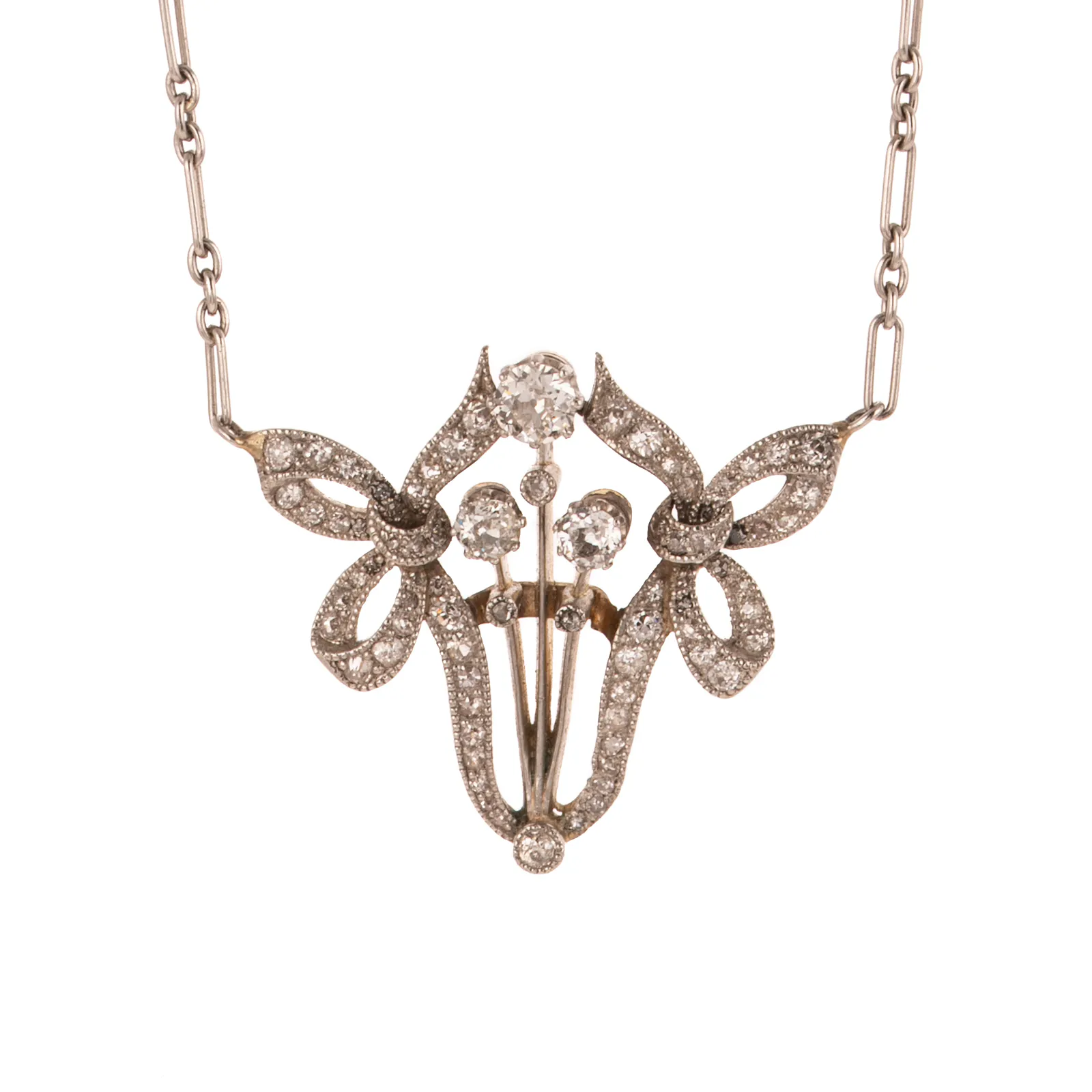 An Edwardian Diamond & Pearl Necklace in Platinum & 14K
