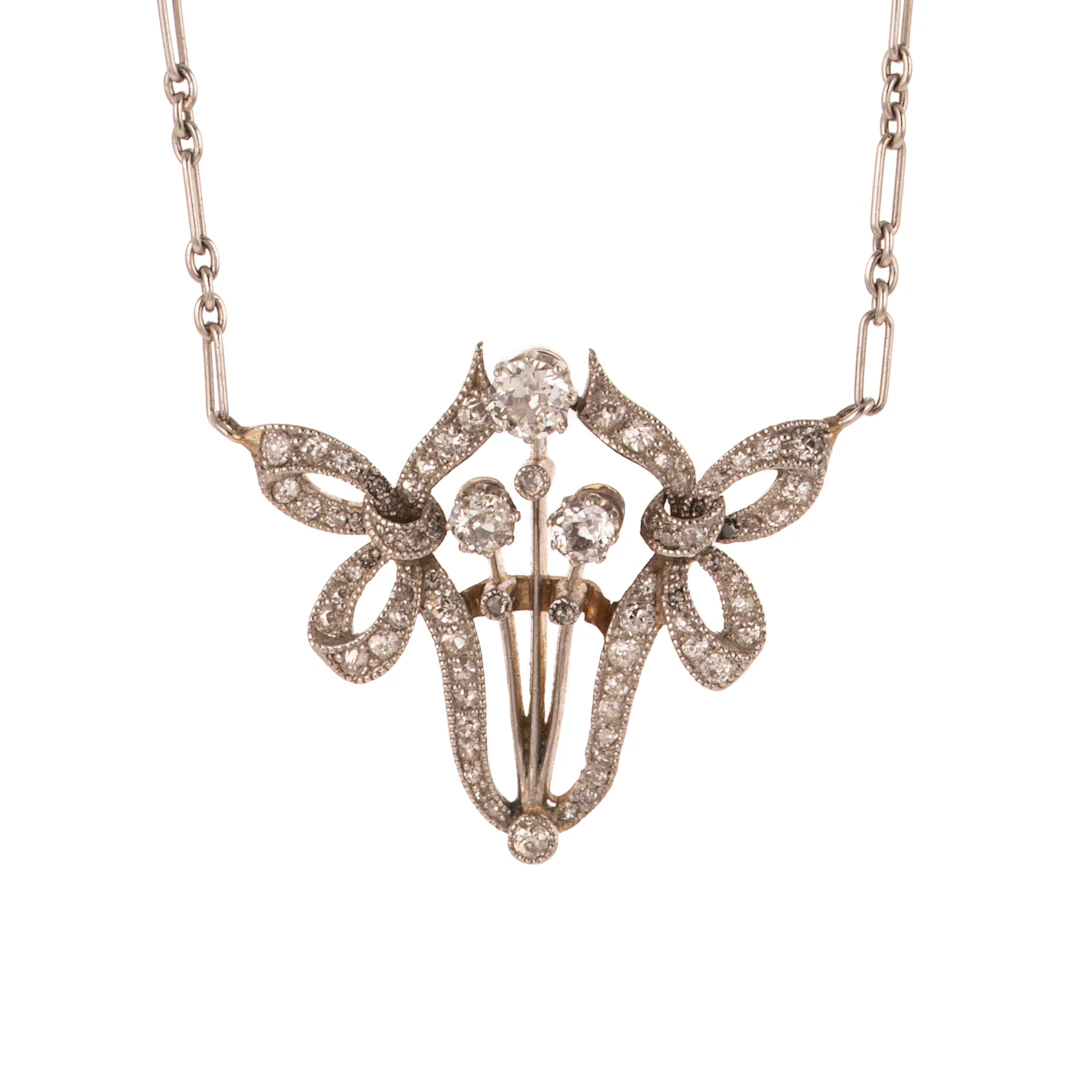 An Edwardian Diamond & Pearl Necklace in Platinum & 14K