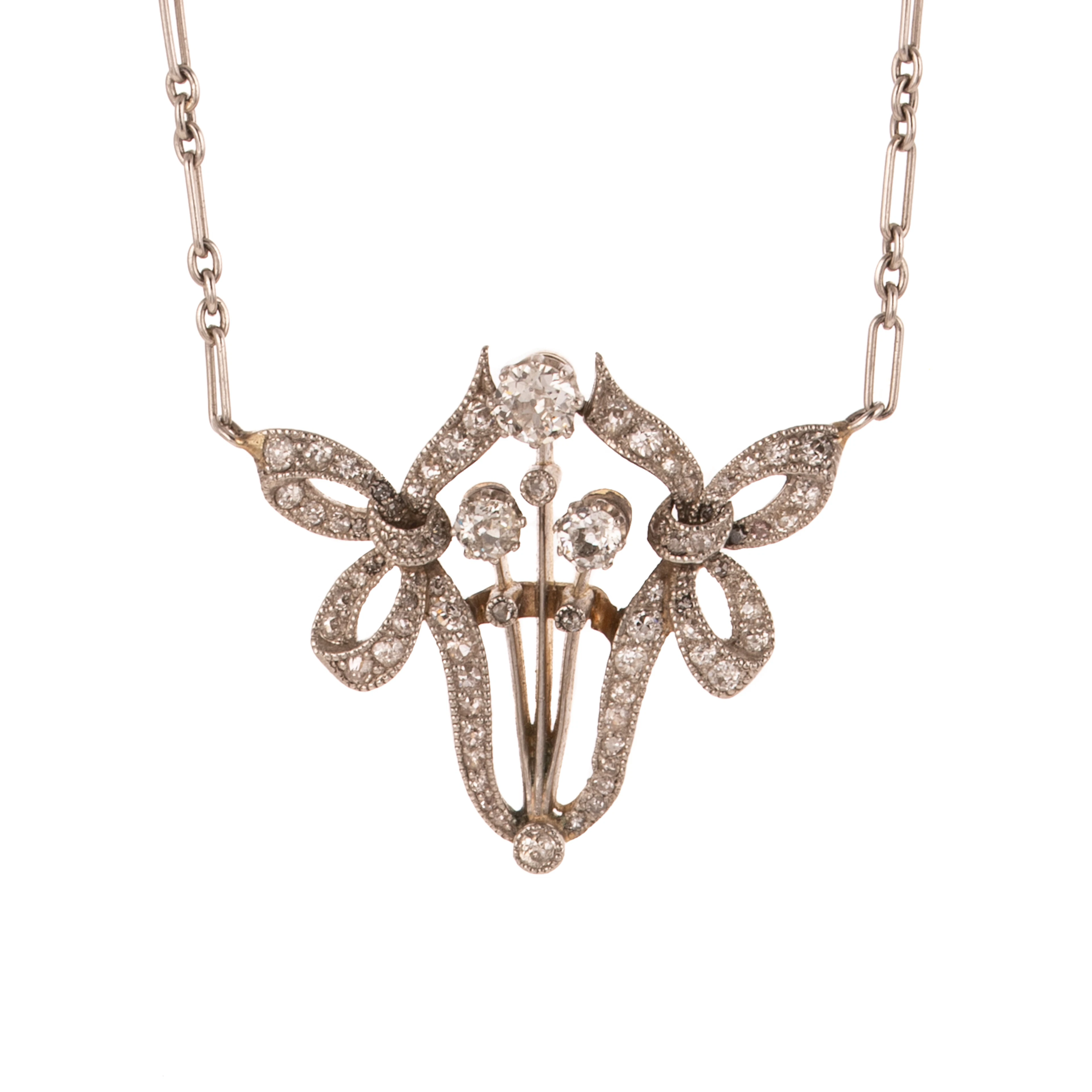 An Edwardian Diamond & Pearl Necklace in Platinum & 14K