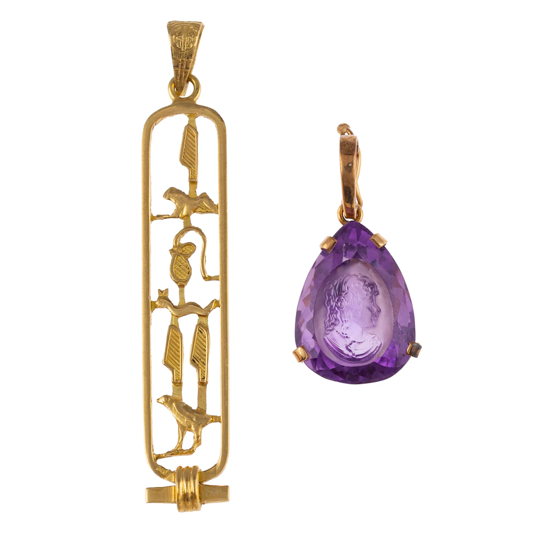 An Egyptian Hieroglyphic & Amethyst Cameo Pendants in Gold