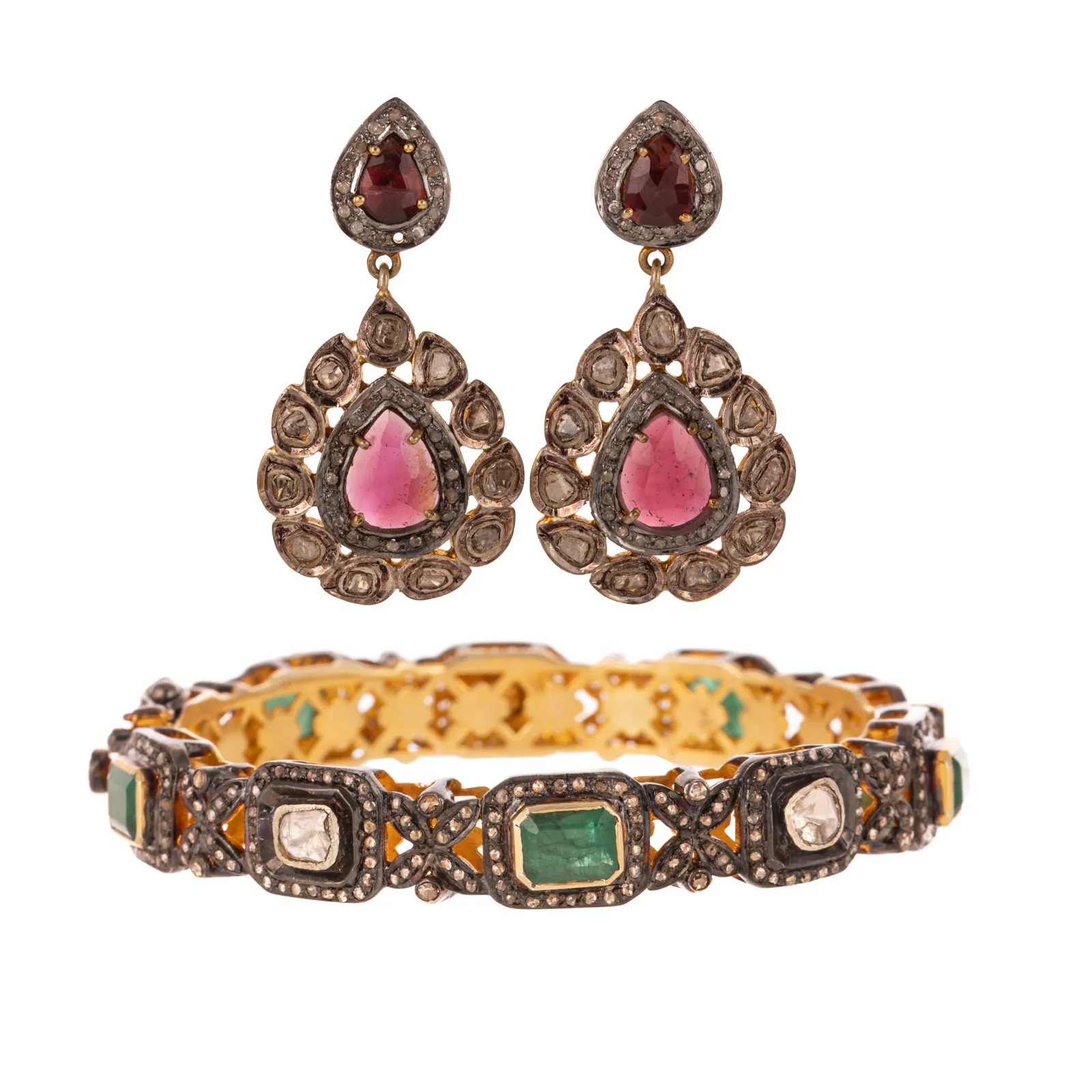 An Emerald & Diamond Bangle with Tourmaline & Diamond Earrings