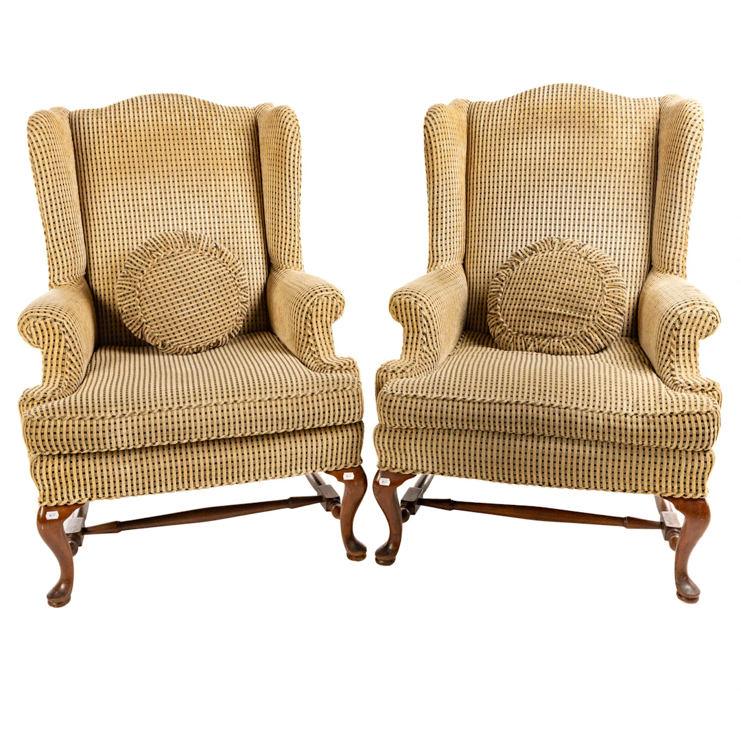 A Pair of Queen Anne Style Upholstered Wing Chairs
