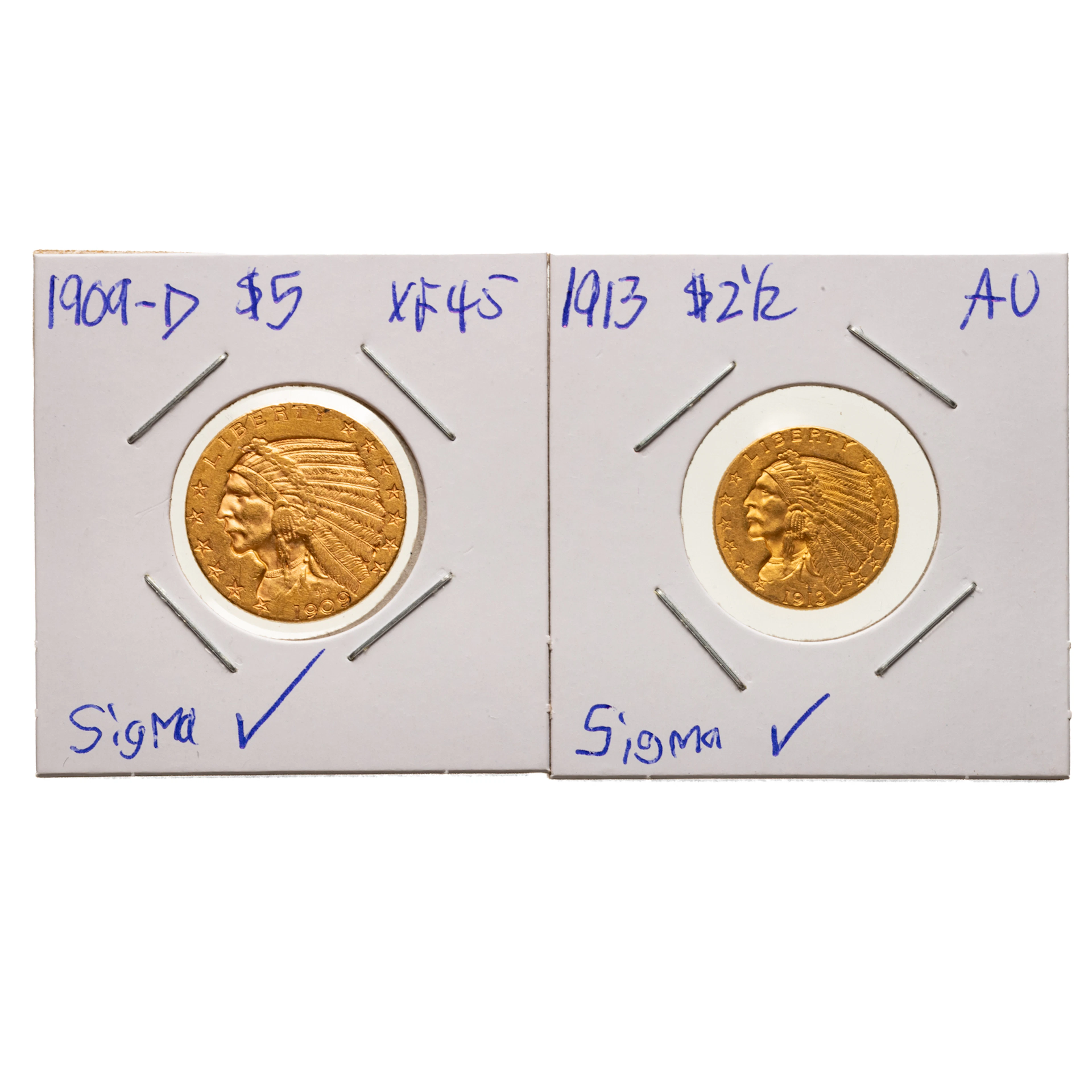 1913 $2.50 & 1909-D $5 Indian Gold