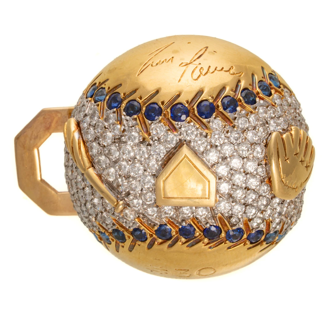 A Diamond & Sapphire Baseball Money Clip in 18K